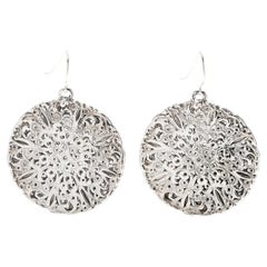 Vintage Large Filigree Lace Circle Dangle Earrings, Sterling Silver