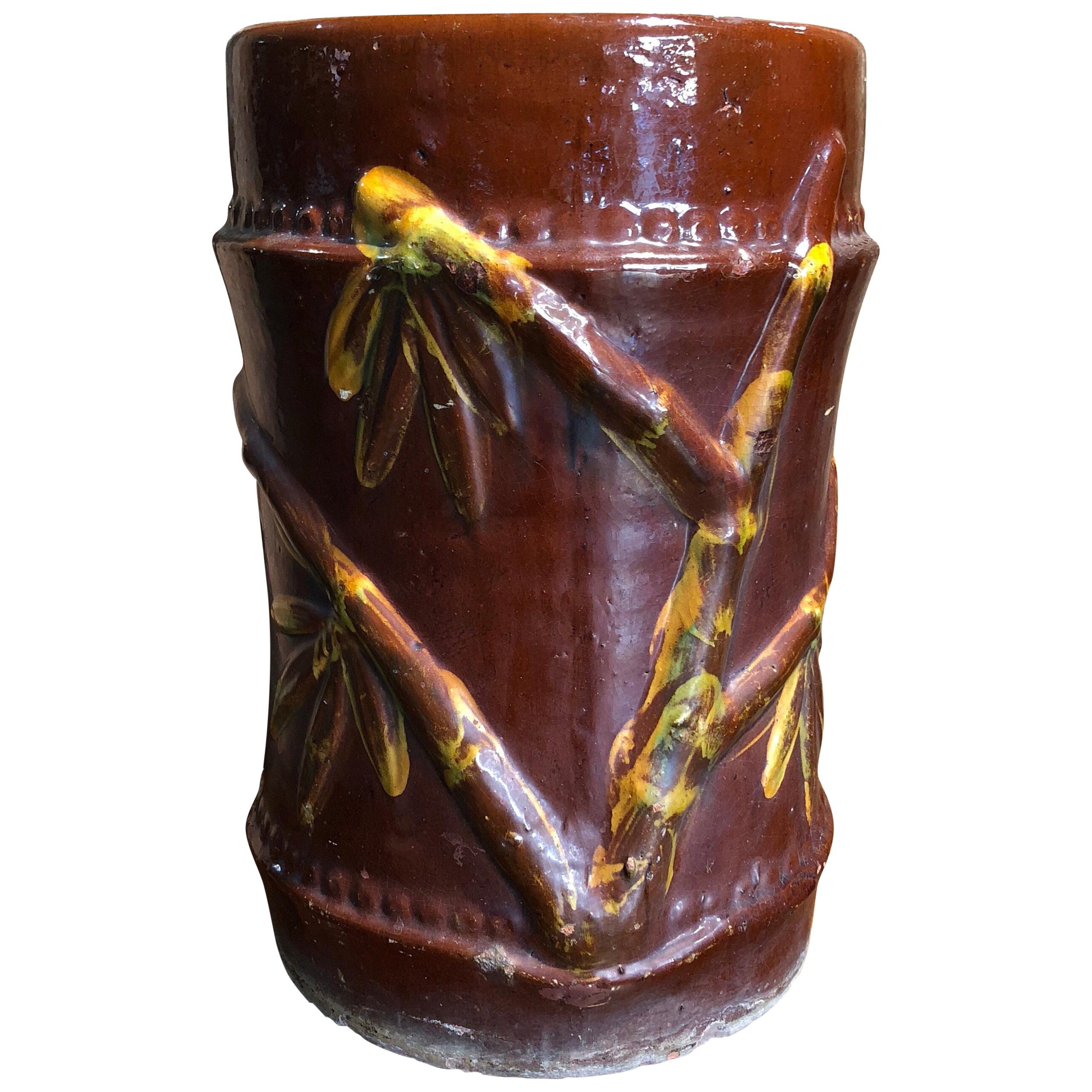 Large Filipino Pottery Umbrella Stand, Molded Bamboo, Pasig in Rizal, circa 1900 For Sale