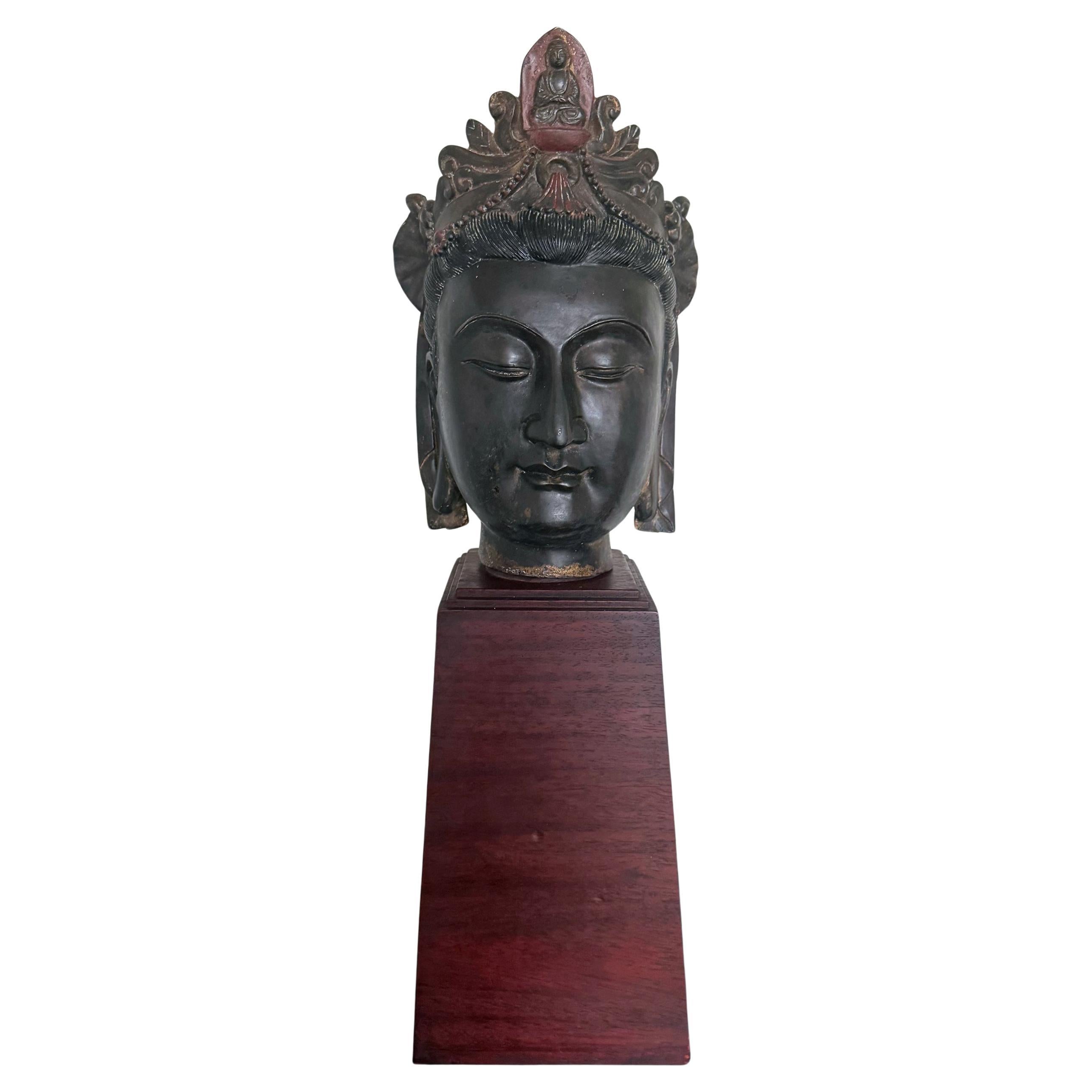 Large Fine Bronze Head of Bodhisattva Avalokitesvara Qing Dynasty For Sale