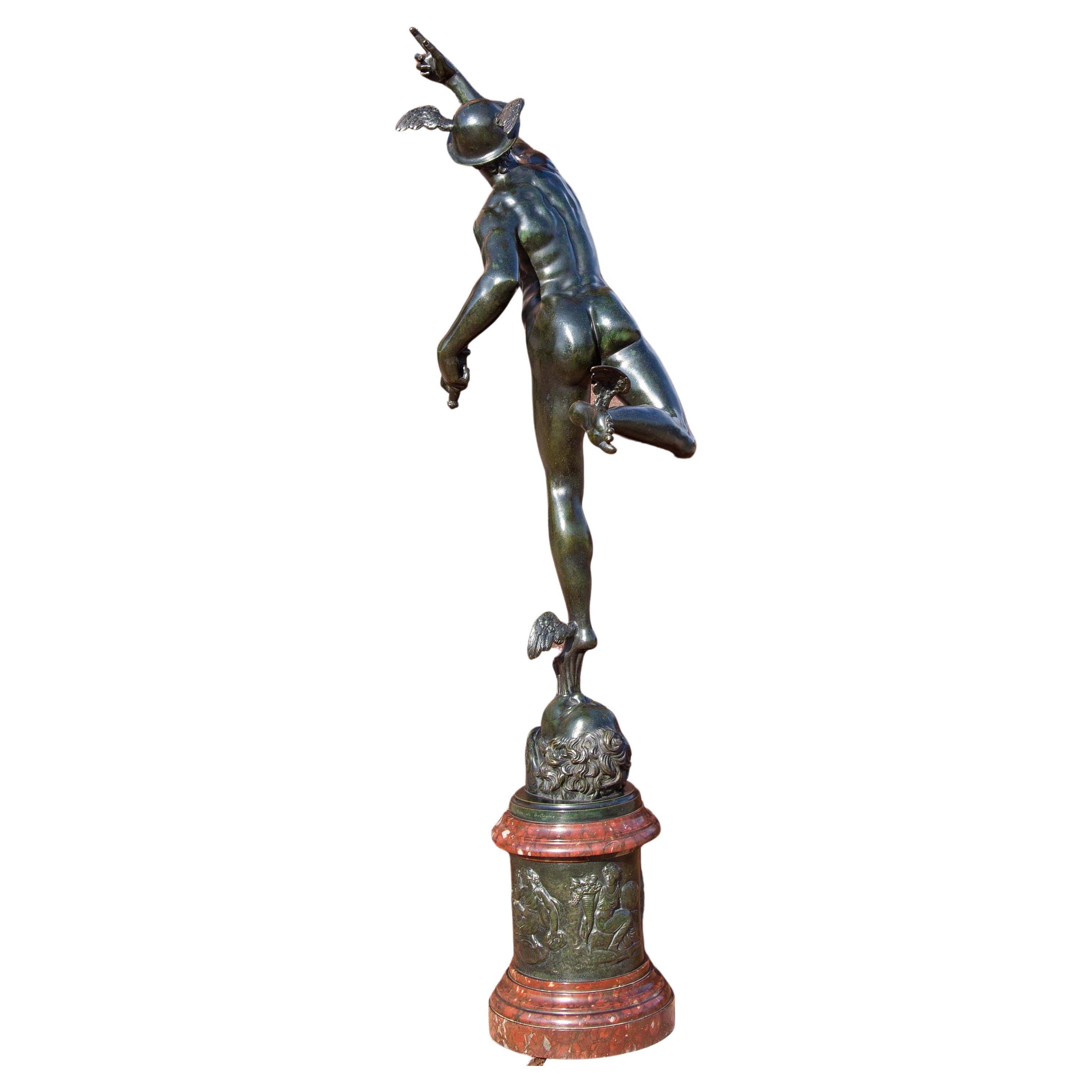 Large Fine Bronze Sculpture of Mercury and Original Marble Pedestal In Good Condition For Sale In Rochester, NY