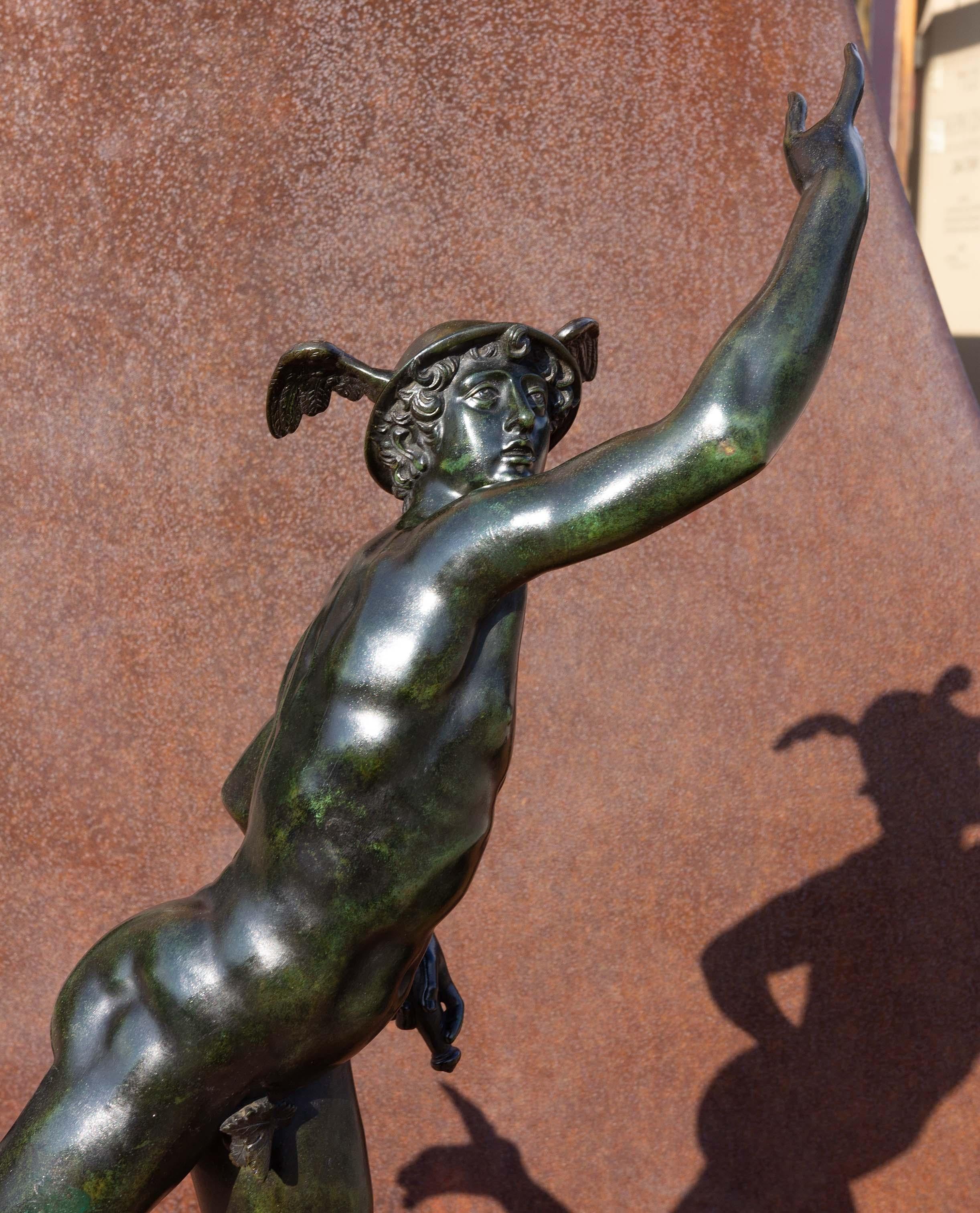 European Large Fine Bronze Sculpture of Mercury and Original Marble Pedestal For Sale