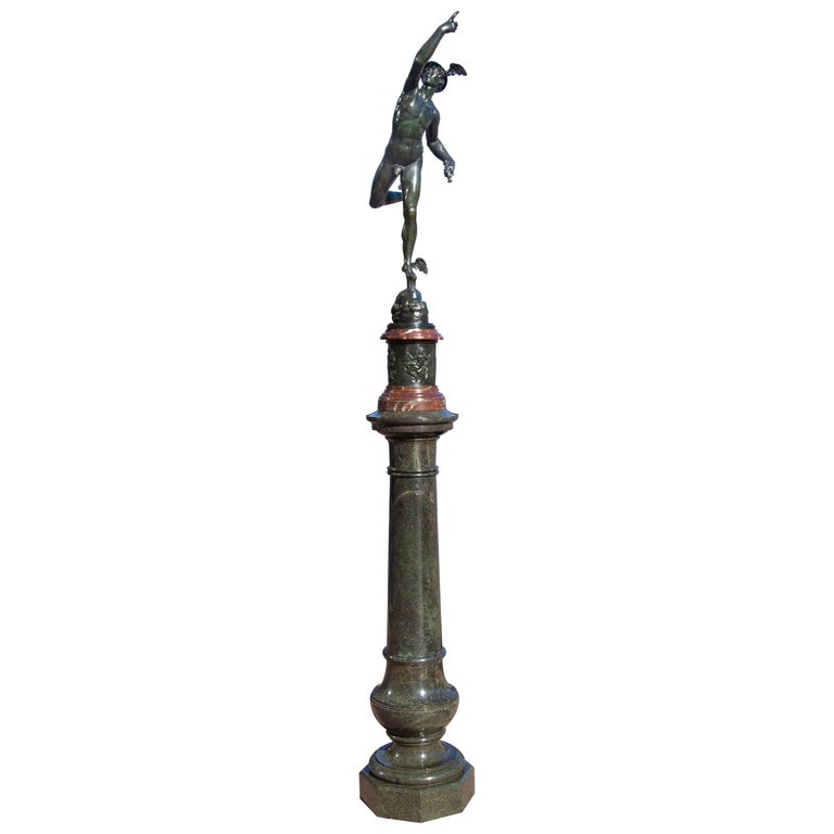 Large Fine Bronze Statue of Mercury and Original Marble Pedestal For Sale