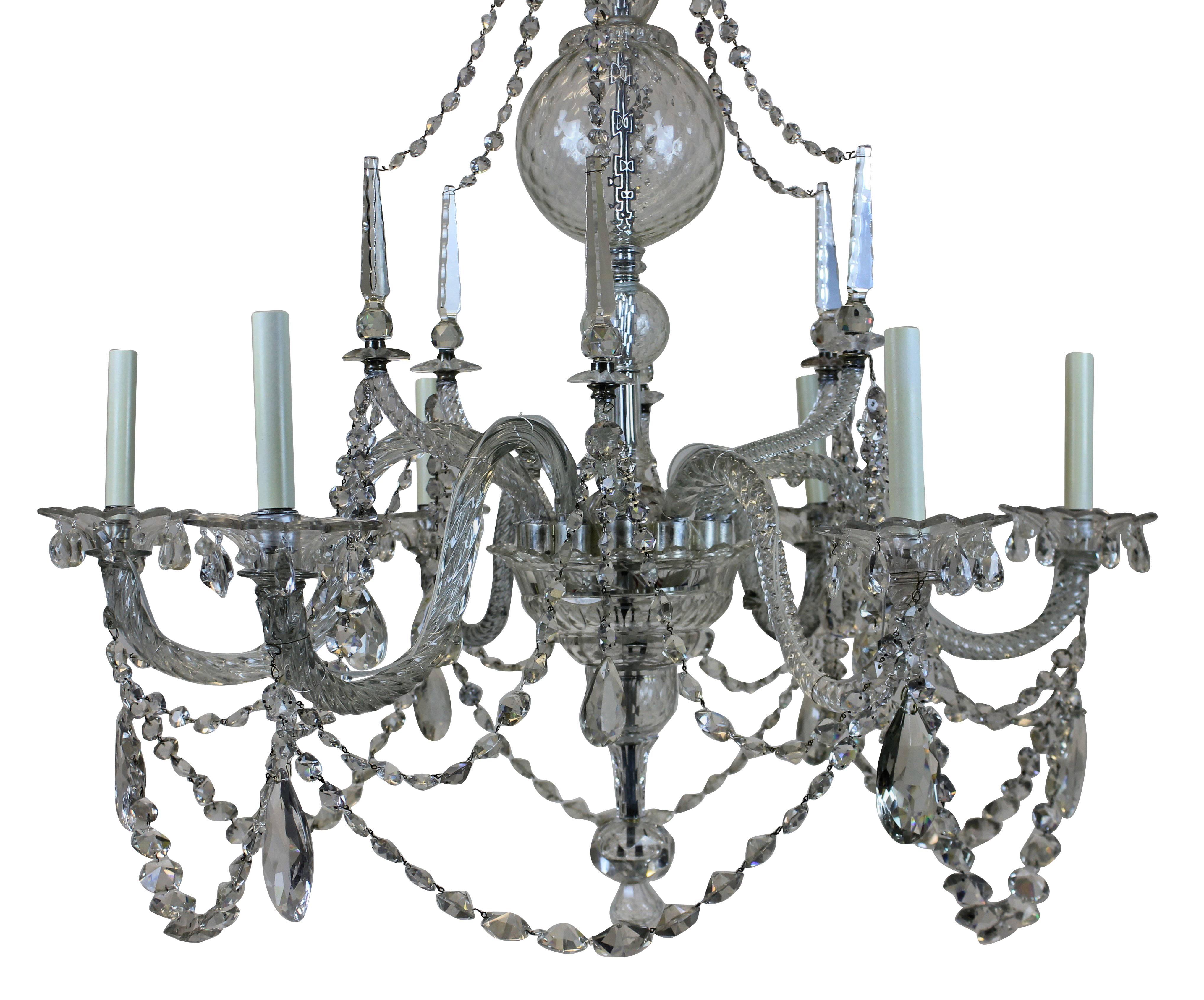 A large English Georgian chandelier of fine quality. Of good proportions, with exceptional cut-glass throughout.
 