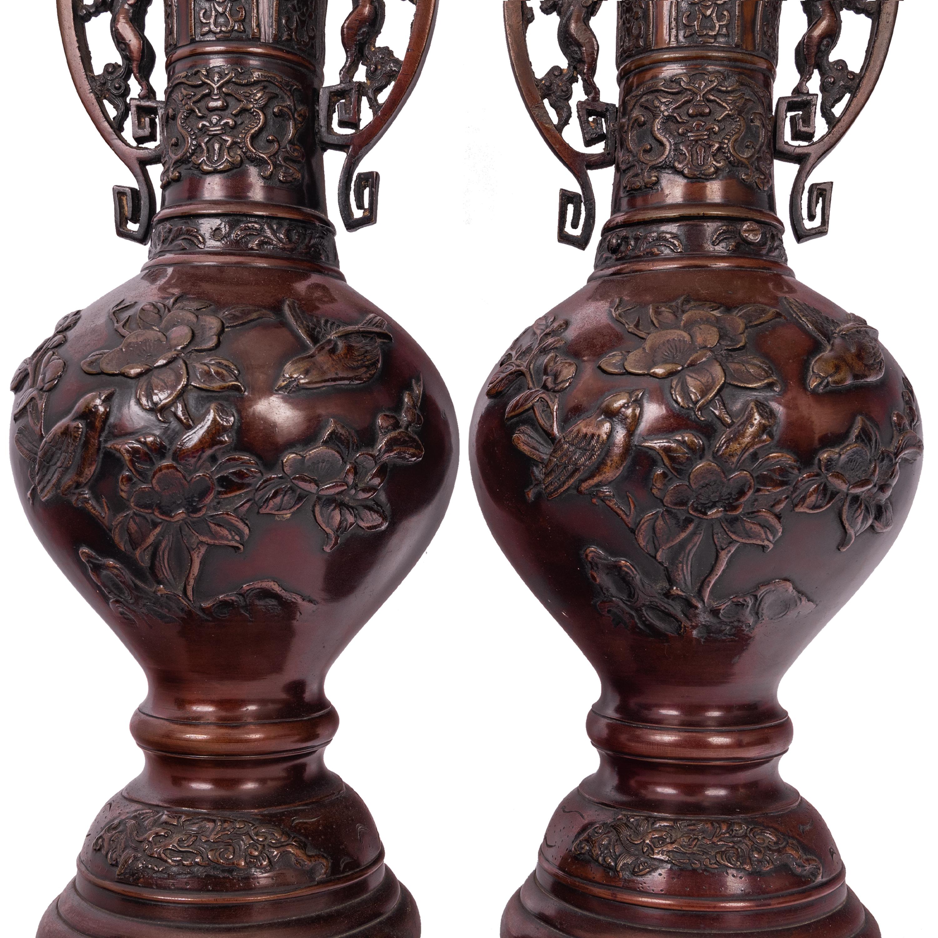 19th Century Large & Fine Pair of Antique Japanese Meiji Period Patinated Bronze Vases, 1890