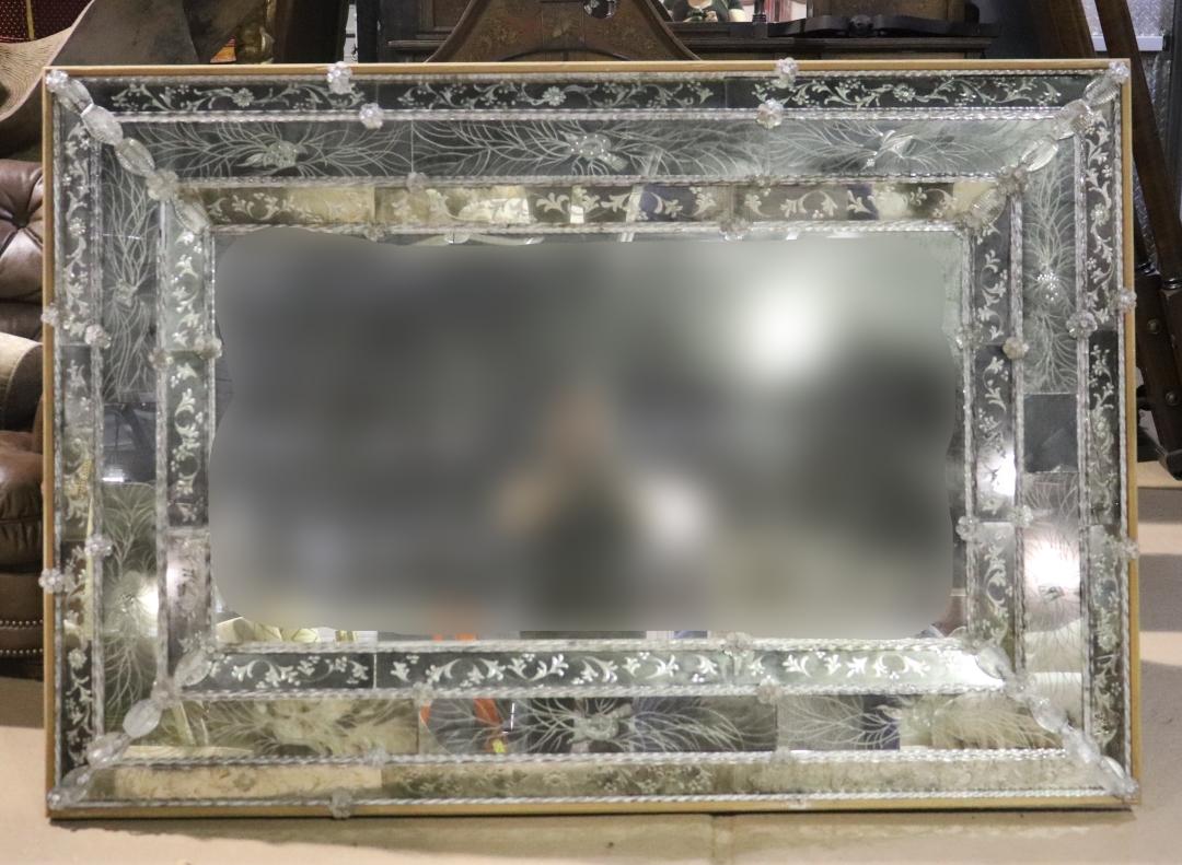 Large Fine Quality Antique Venetian Etched Glass Murano Wall Mirror  In Good Condition For Sale In Swedesboro, NJ