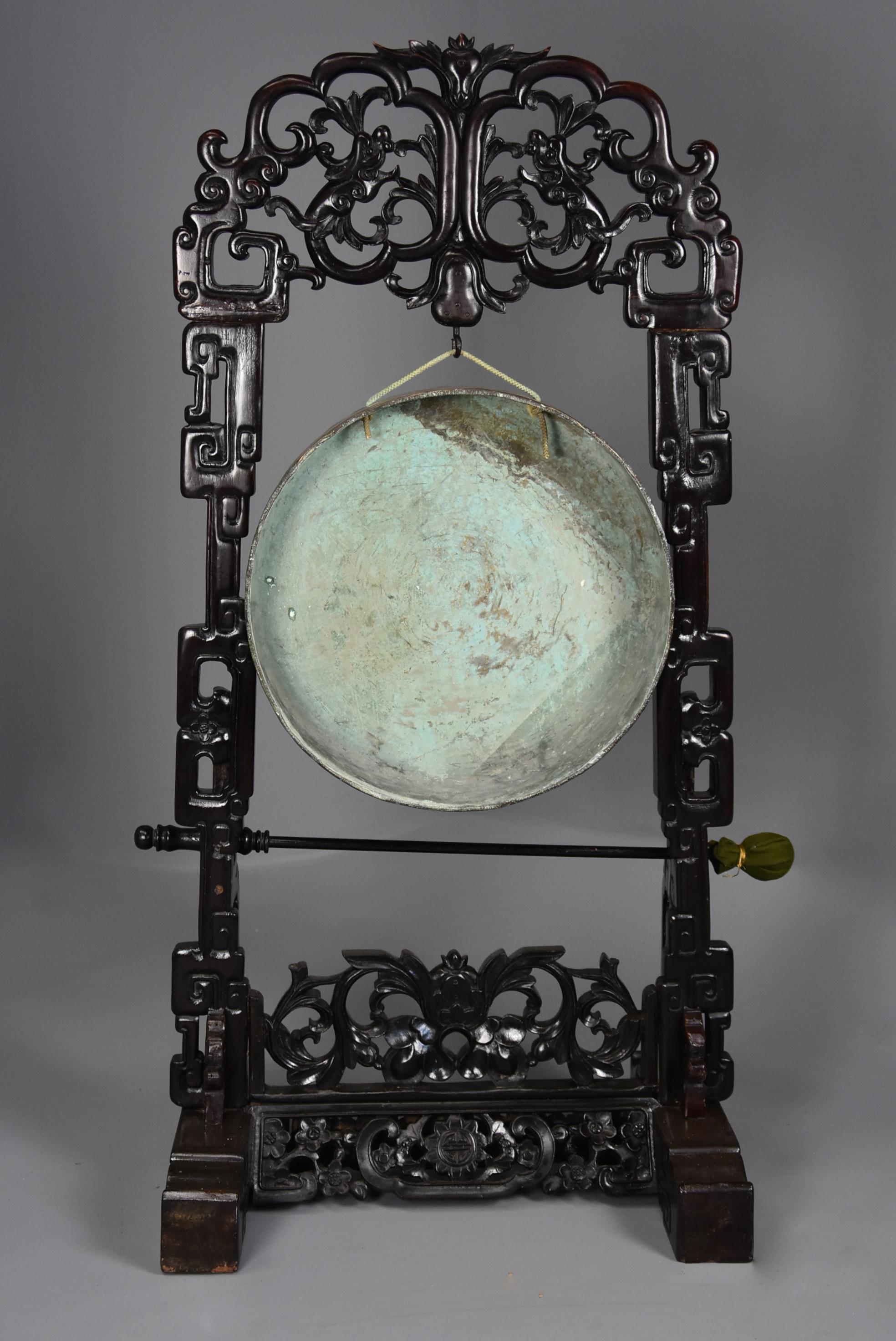 Large Fine Quality Late 19th Century Chinese Hardwood Dinner Gong with Striker For Sale 6