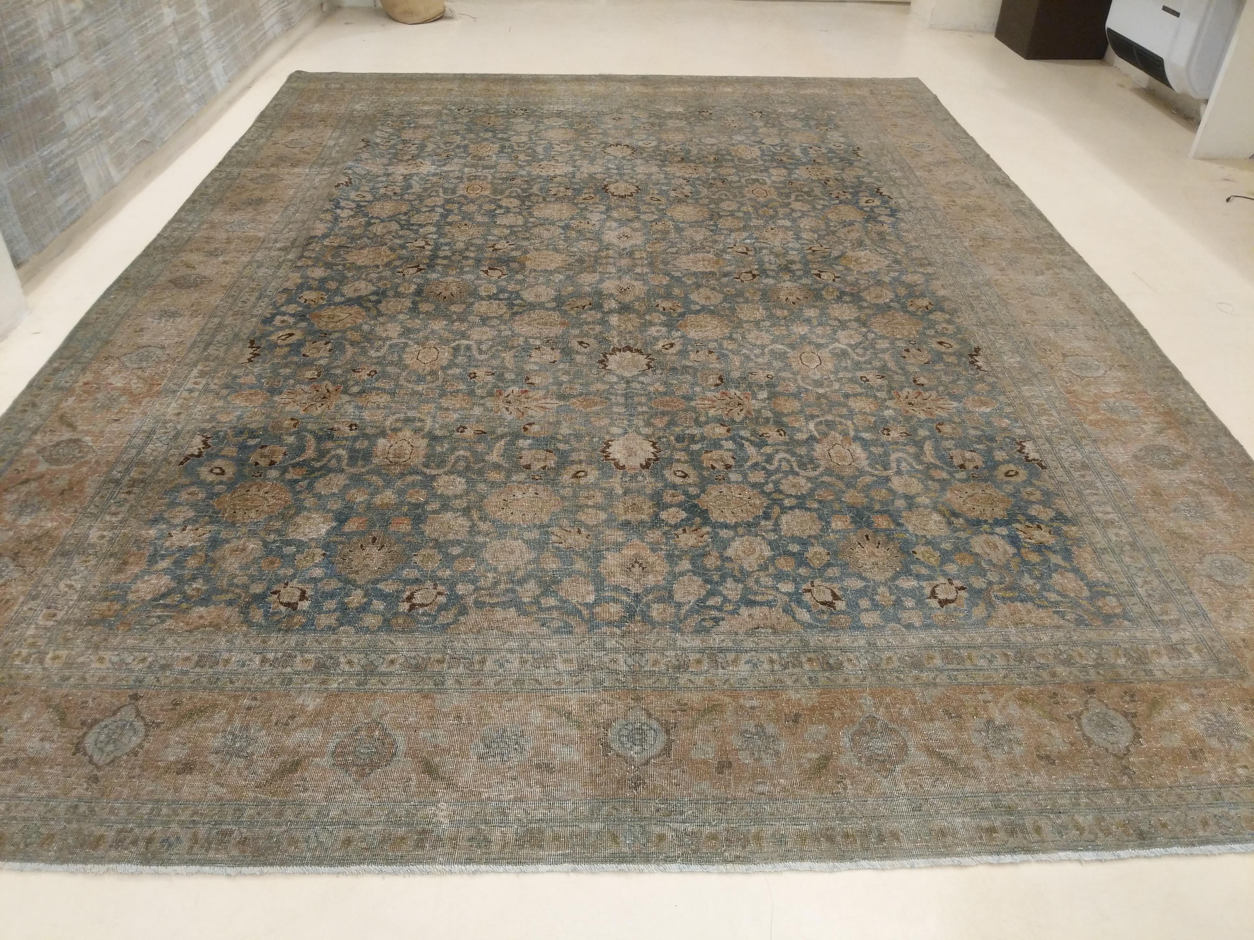 Turkish Large Fine Vintage Anatolian Soft Teal Shabby Chic All-Over Design Rug