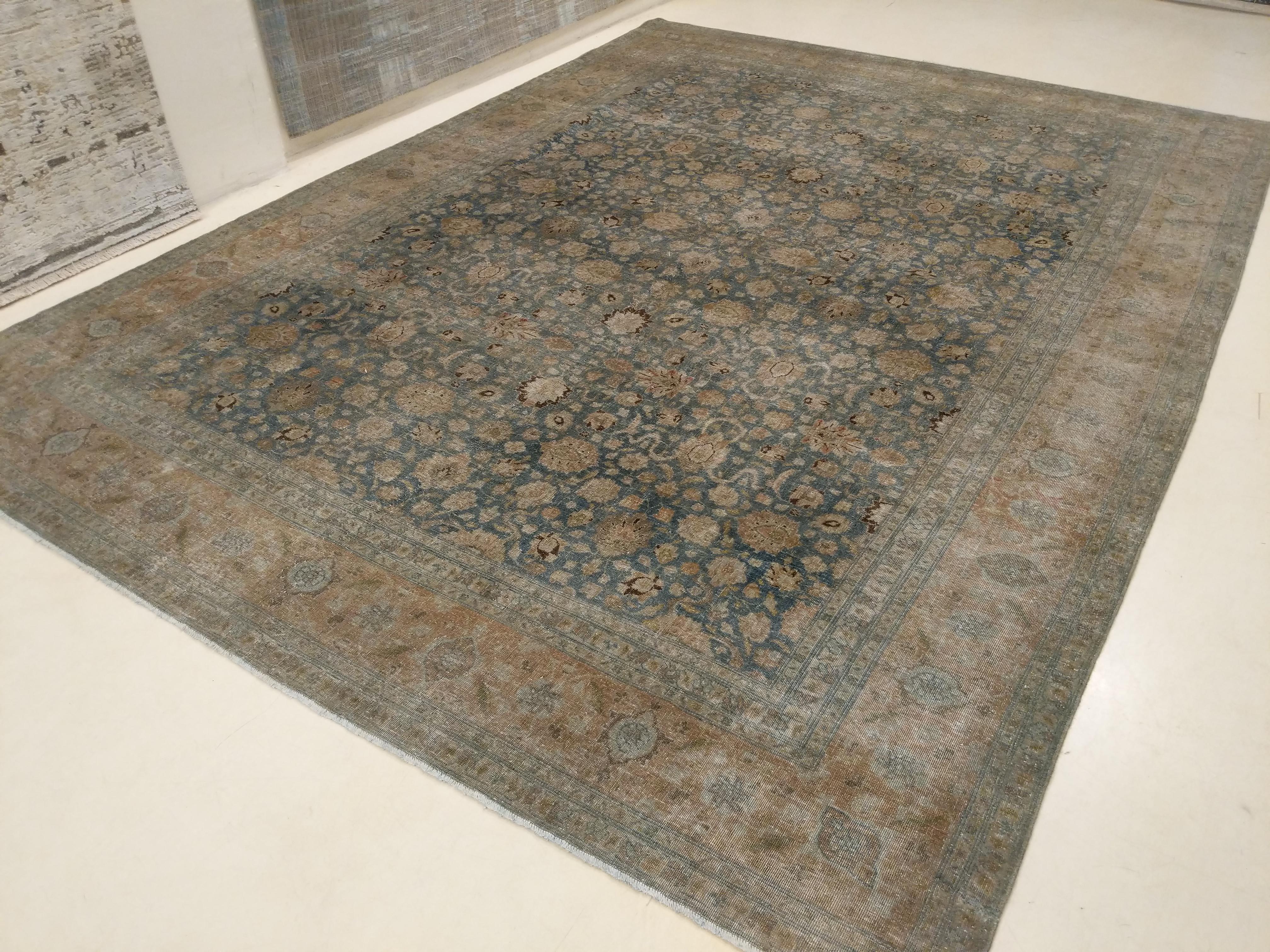 Hand-Knotted Large Fine Vintage Anatolian Soft Teal Shabby Chic All-Over Design Rug