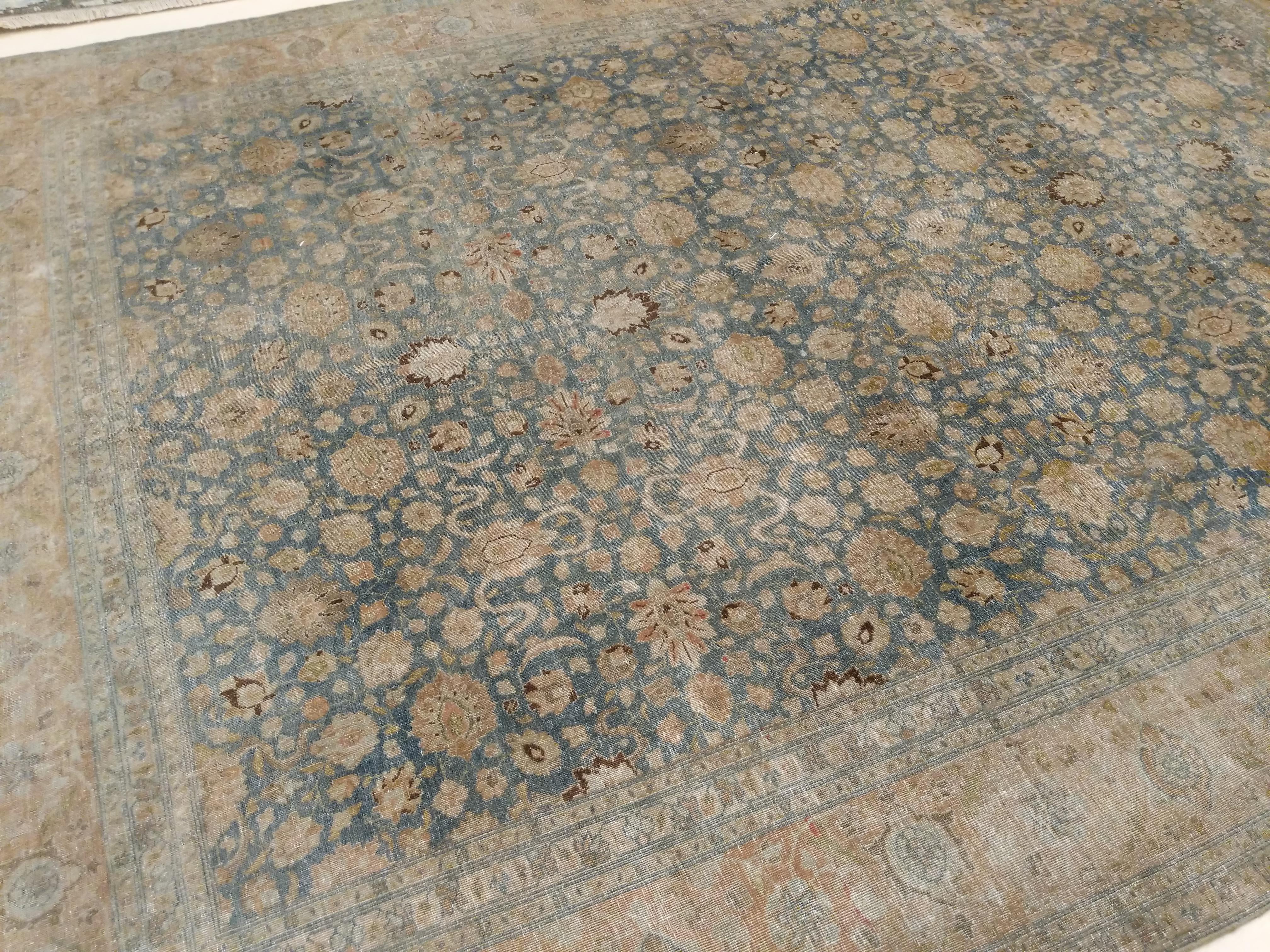 Large Fine Vintage Anatolian Soft Teal Shabby Chic All-Over Design Rug In Fair Condition In Milan, IT