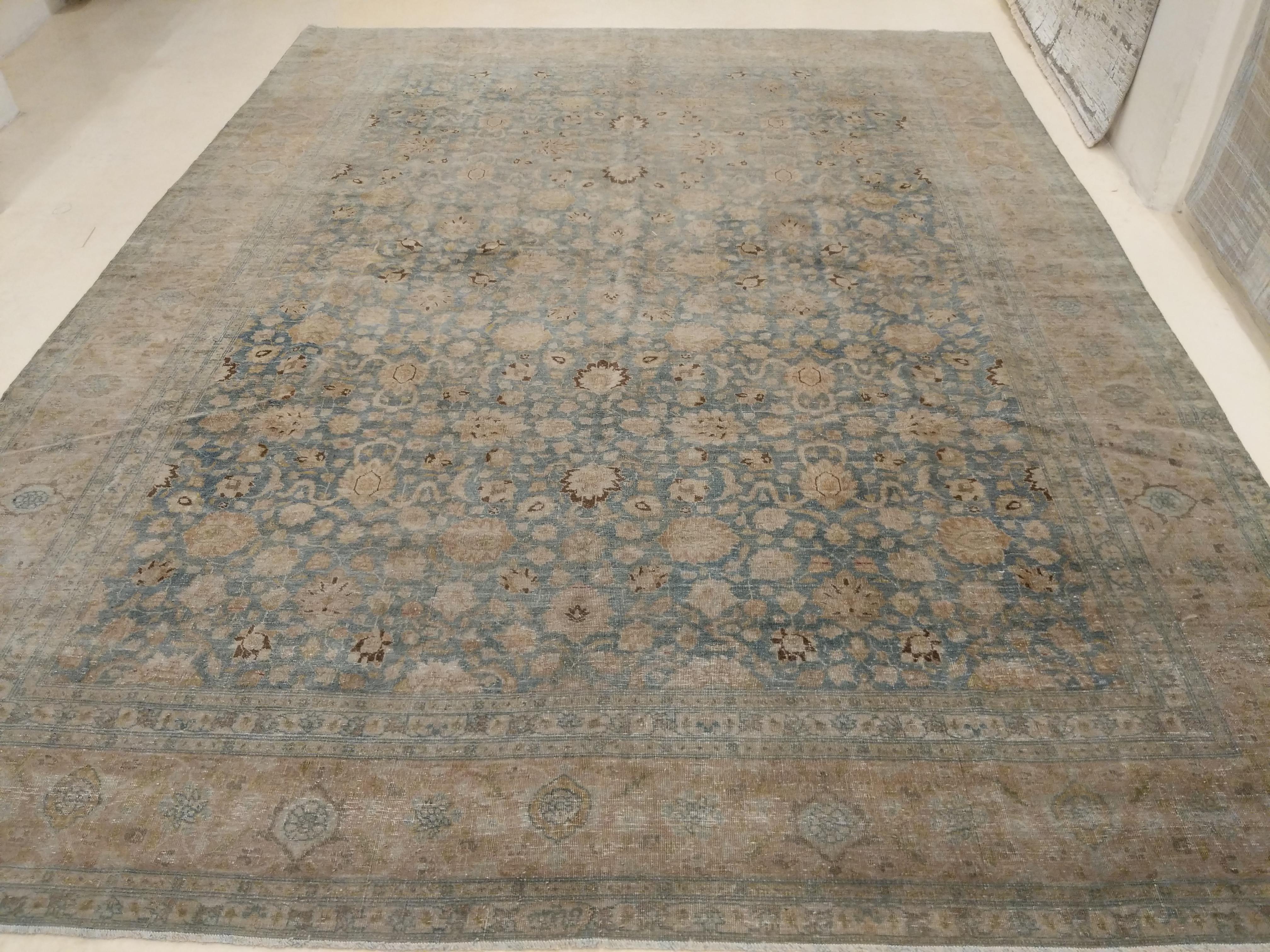 Wool Large Fine Vintage Anatolian Soft Teal Shabby Chic All-Over Design Rug