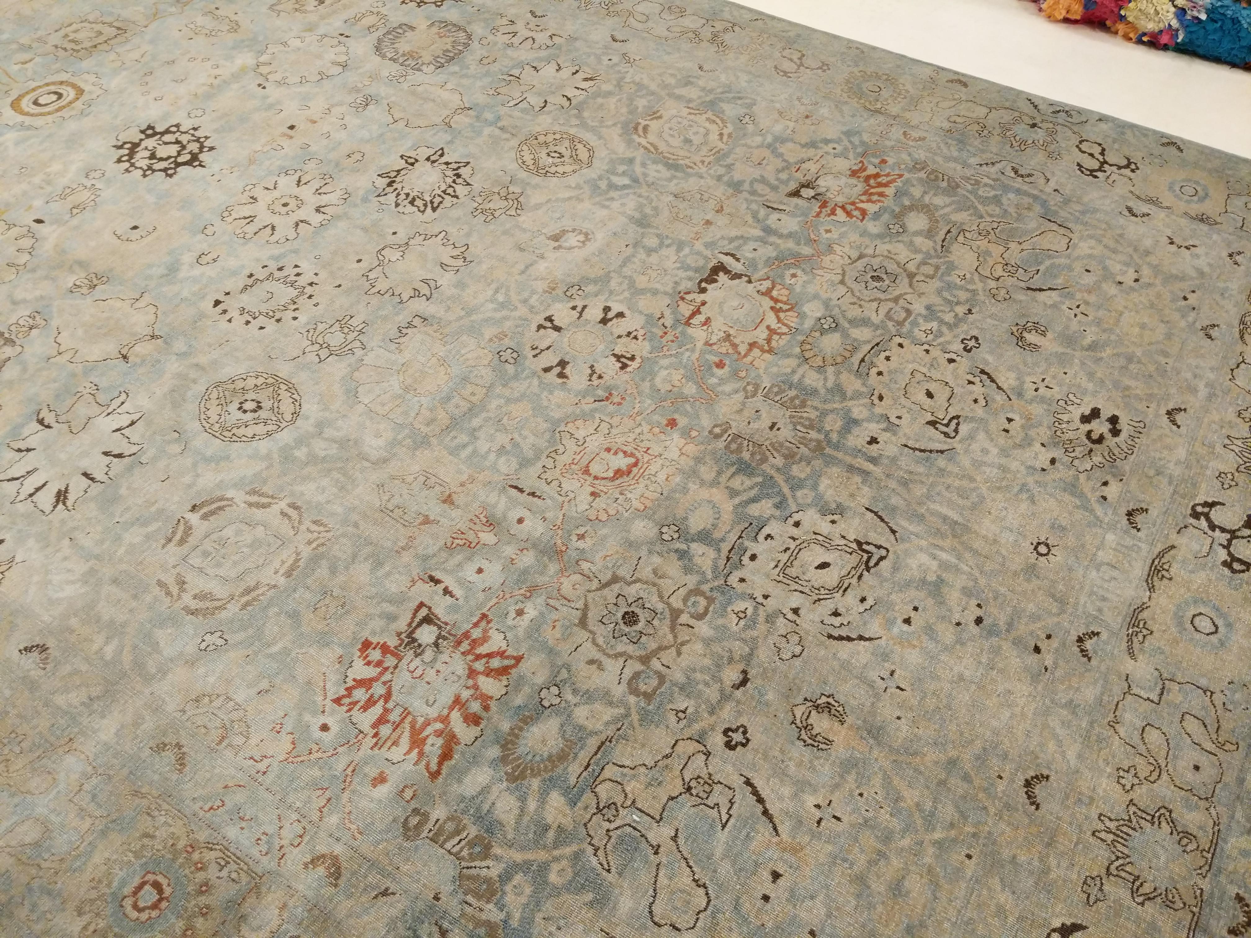 Hand-Knotted Large Fine Vintage Turkish Soft Teal Shabby Chic All-Over Design Rug