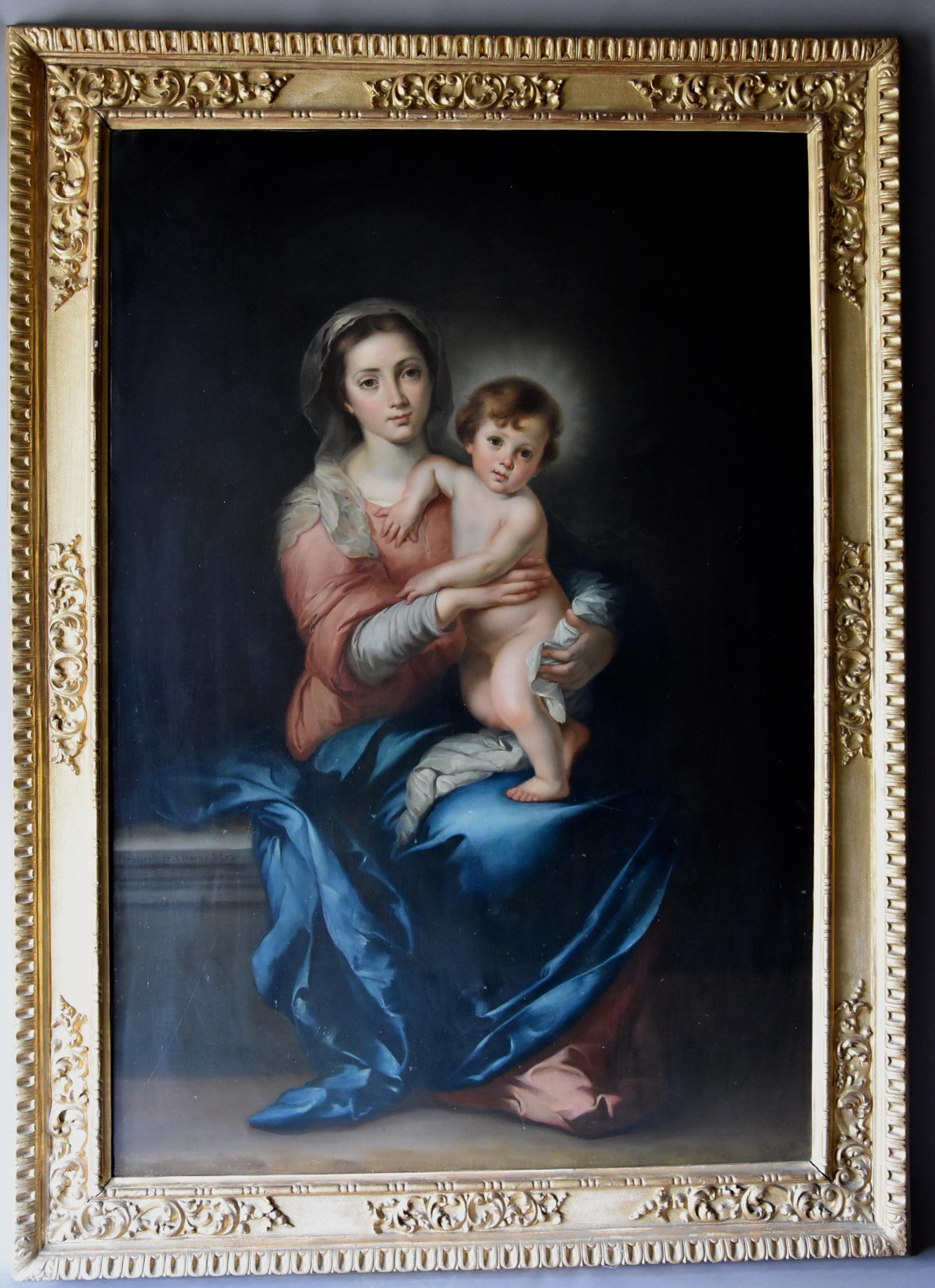 A large finely executed late 19th century (circa 1872) oil painting of 'The Madonna & Child' by Luigi Pompignoli, after the original by Bartolome Esteban Murillo (1618-1682). 

The painting depicts the seated Madonna holding her child, the canvas