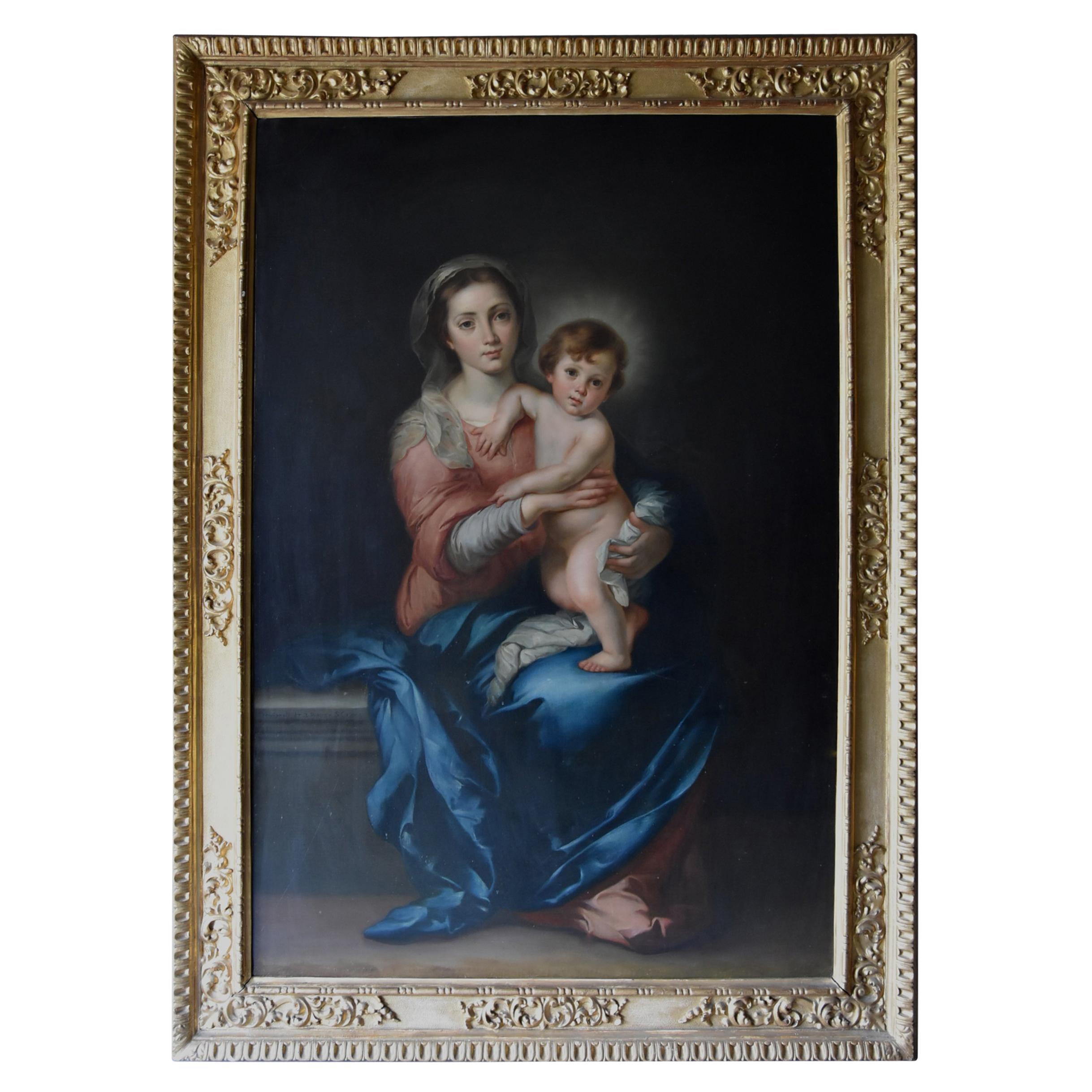 Large Finely Executed 19th Century Oil Painting of 'the Madonna & Child' 