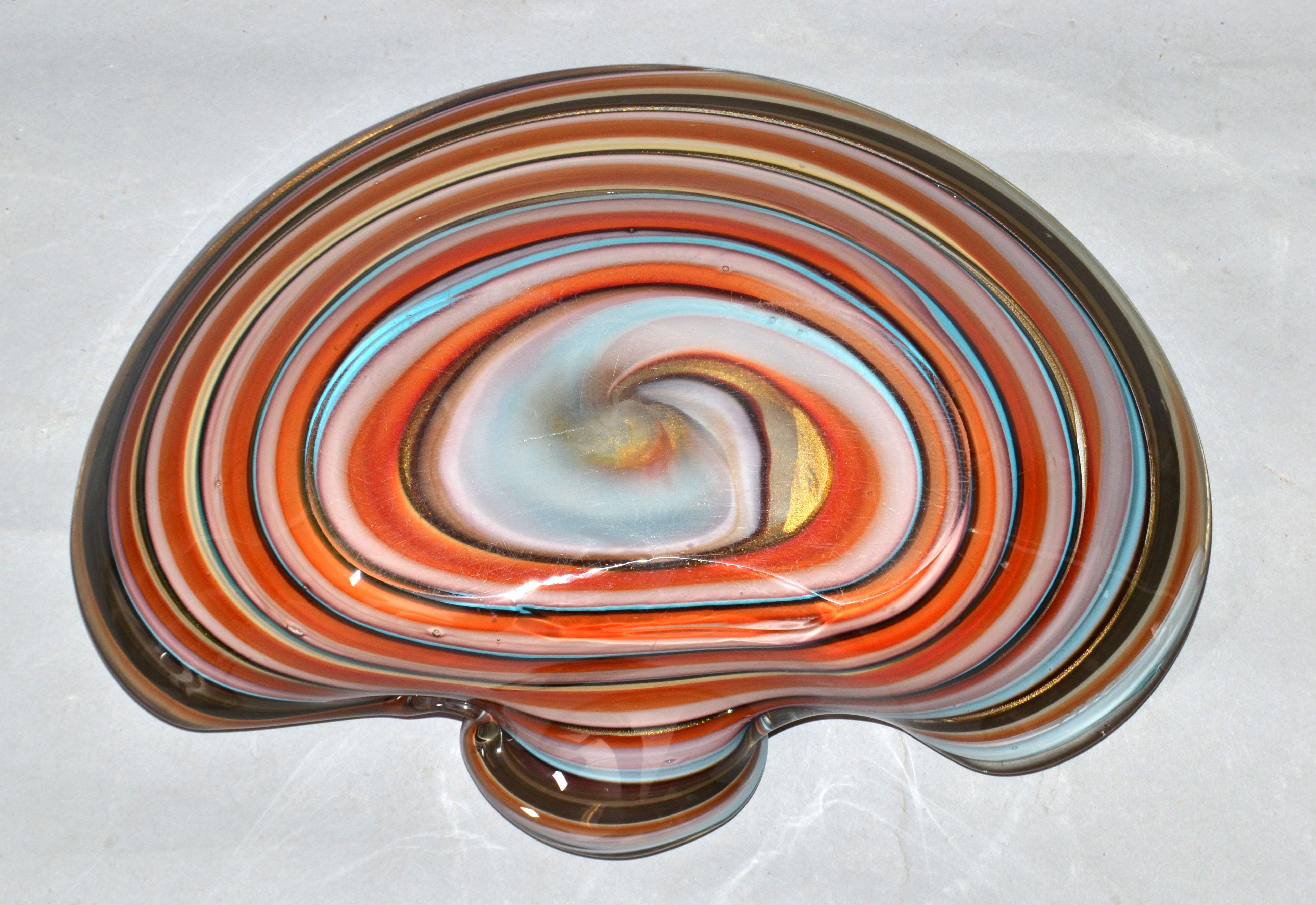 Large Finest Murano Glass Clam Shell Swirl Gold Dust Flecks Bowl, Catchall Italy For Sale 3