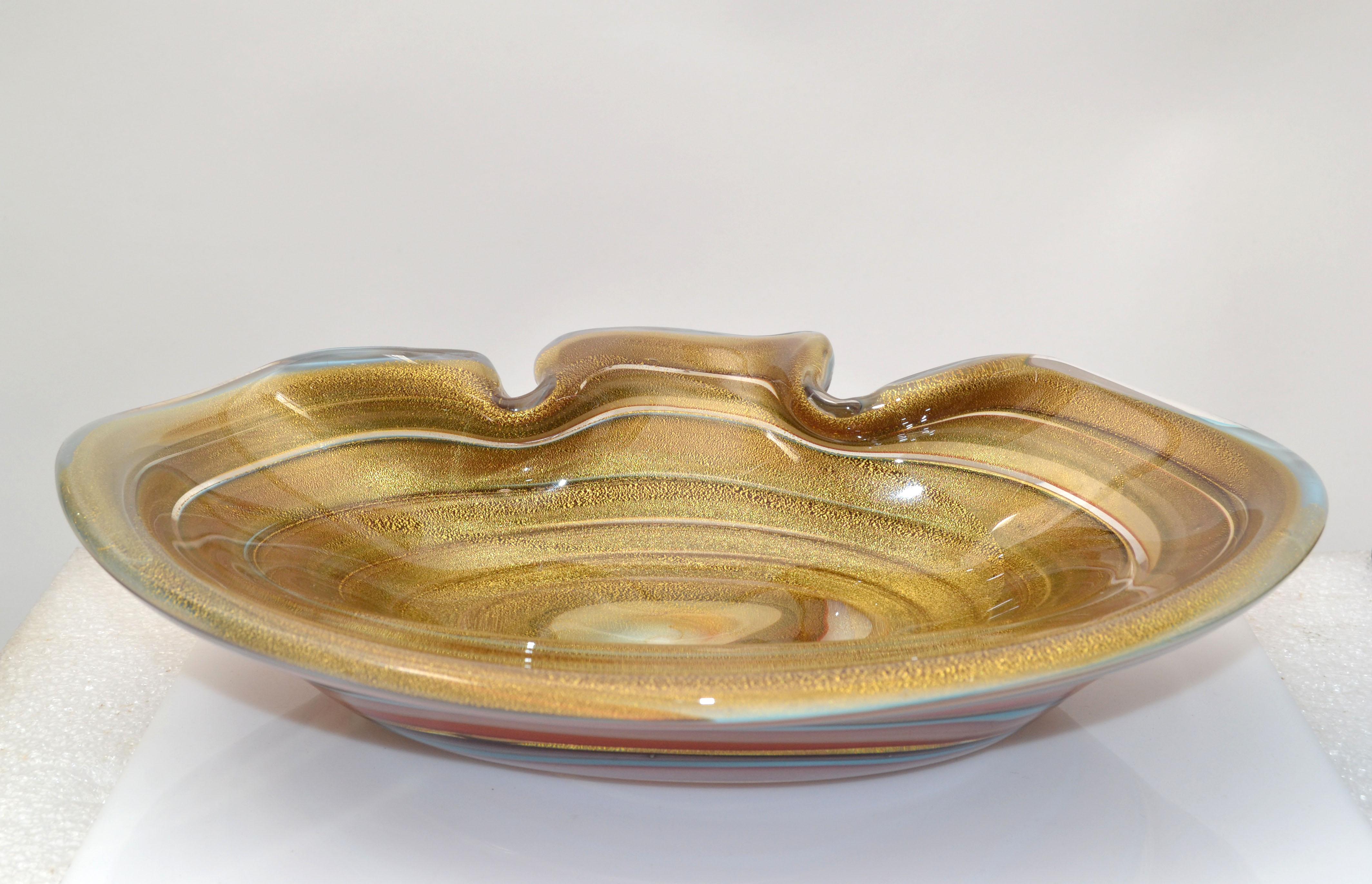 Large Finest Murano Glass Clam Shell Swirl Gold Dust Flecks Bowl, Catchall Italy For Sale 4