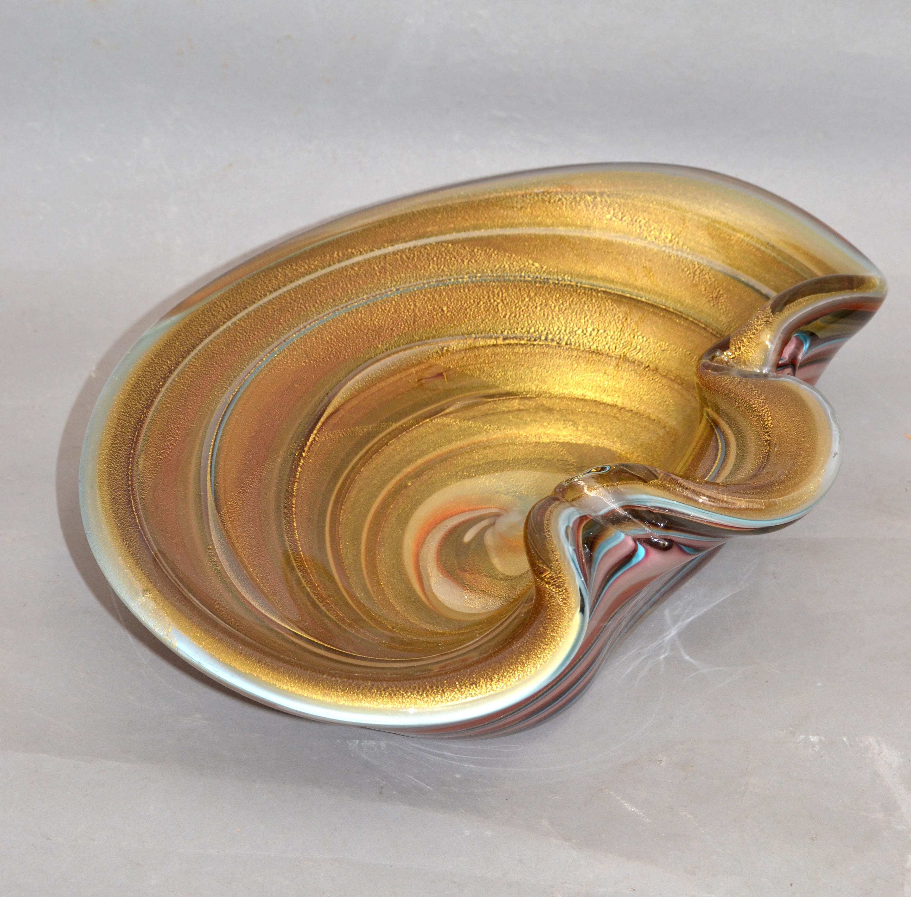 Italian large finest Murano glass clam shell swirl gold dust flecks bowl, catchall. 
No markings.
Simply beautiful.