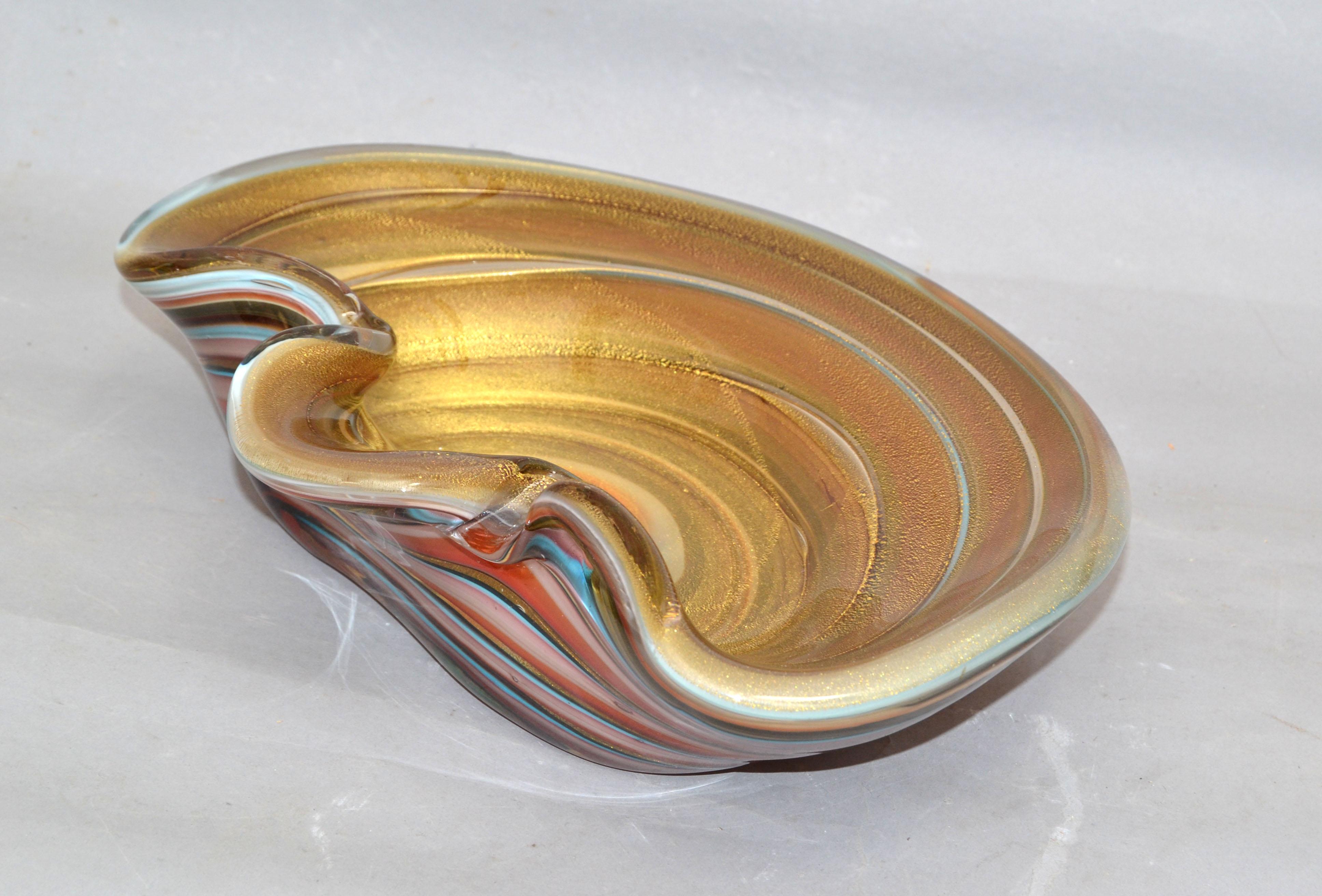 Mid-Century Modern Large Finest Murano Glass Clam Shell Swirl Gold Dust Flecks Bowl, Catchall Italy For Sale