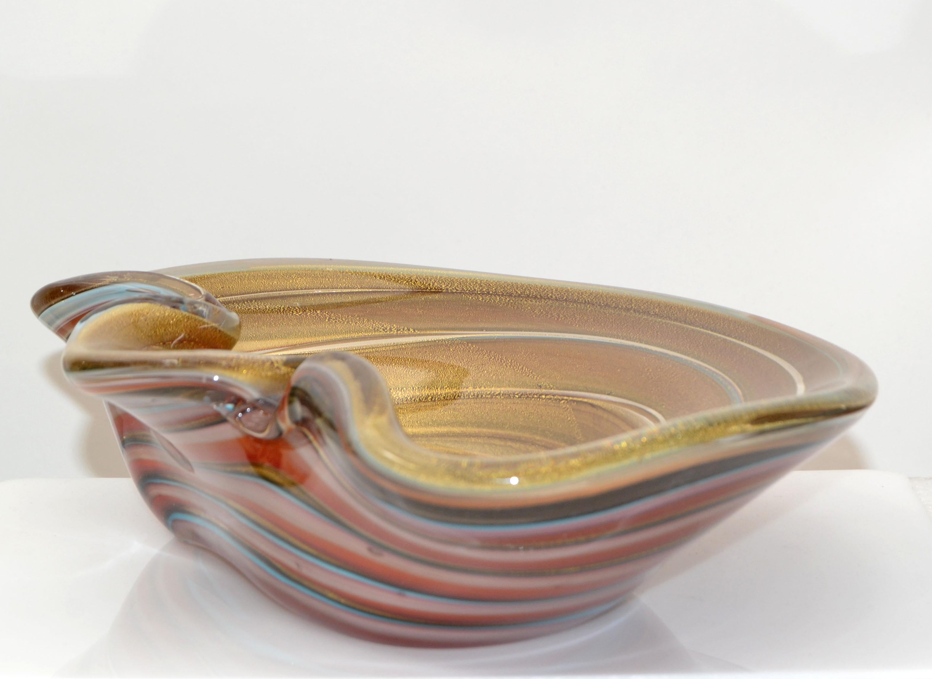 Italian Large Finest Murano Glass Clam Shell Swirl Gold Dust Flecks Bowl, Catchall Italy For Sale