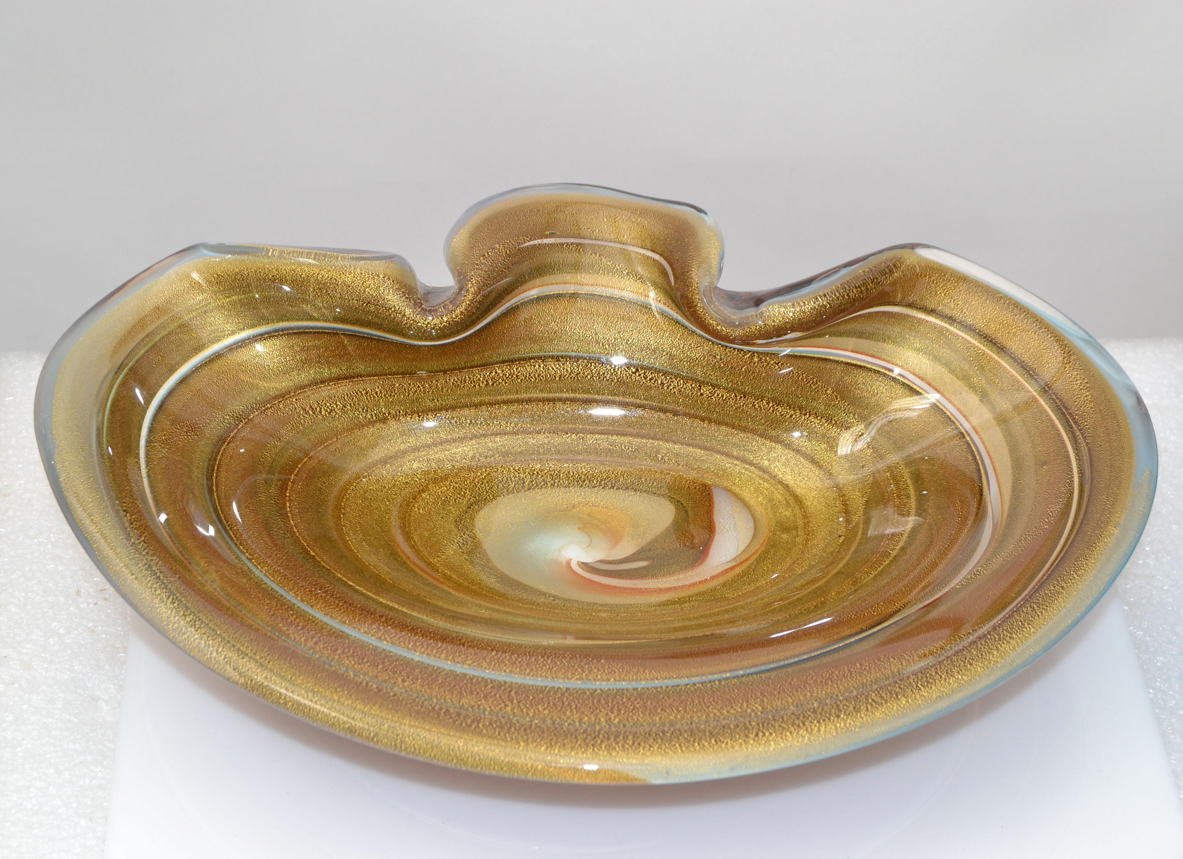 Mid-20th Century Large Finest Murano Glass Clam Shell Swirl Gold Dust Flecks Bowl, Catchall Italy For Sale