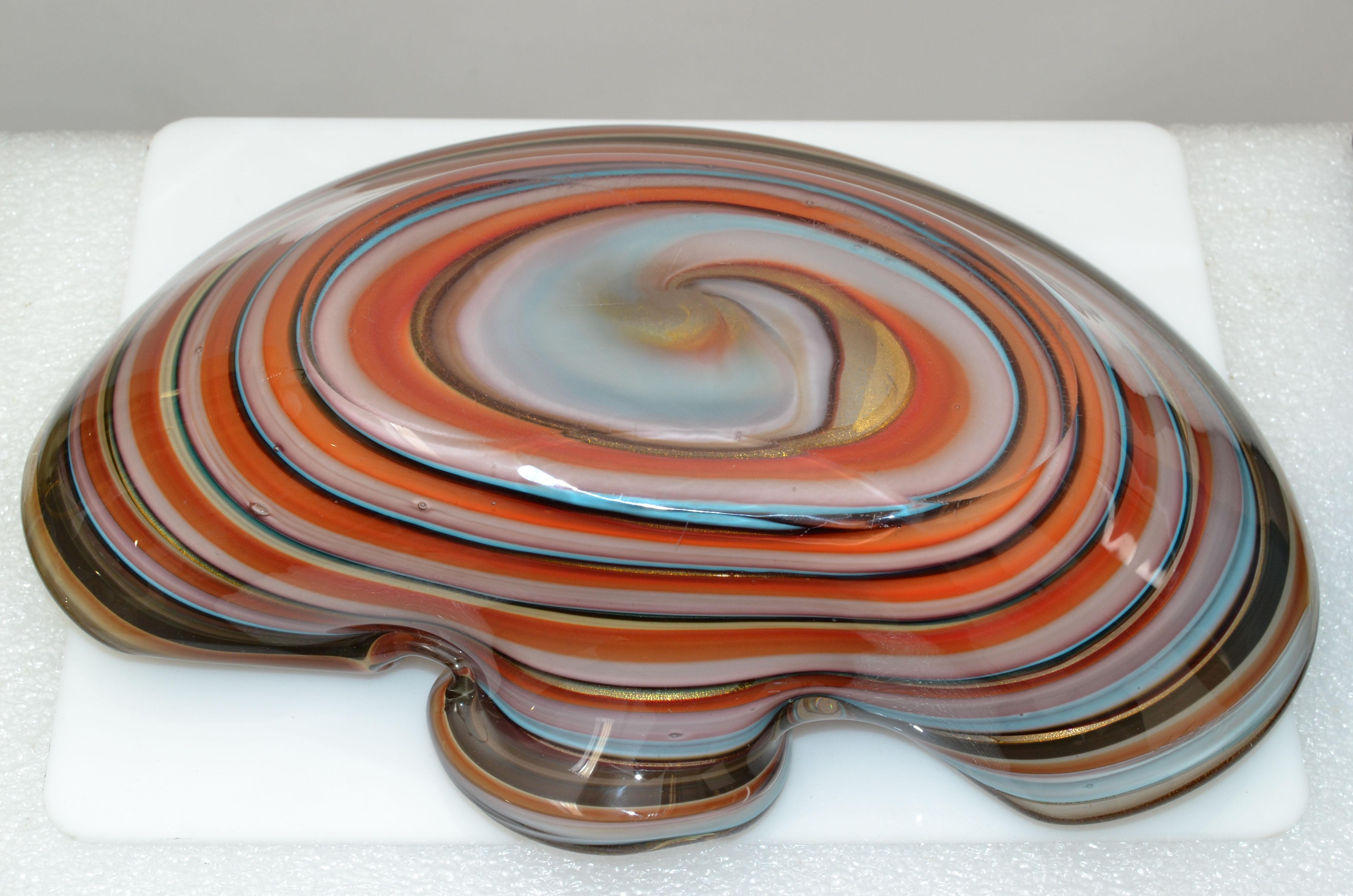 Large Finest Murano Glass Clam Shell Swirl Gold Dust Flecks Bowl, Catchall Italy For Sale 1