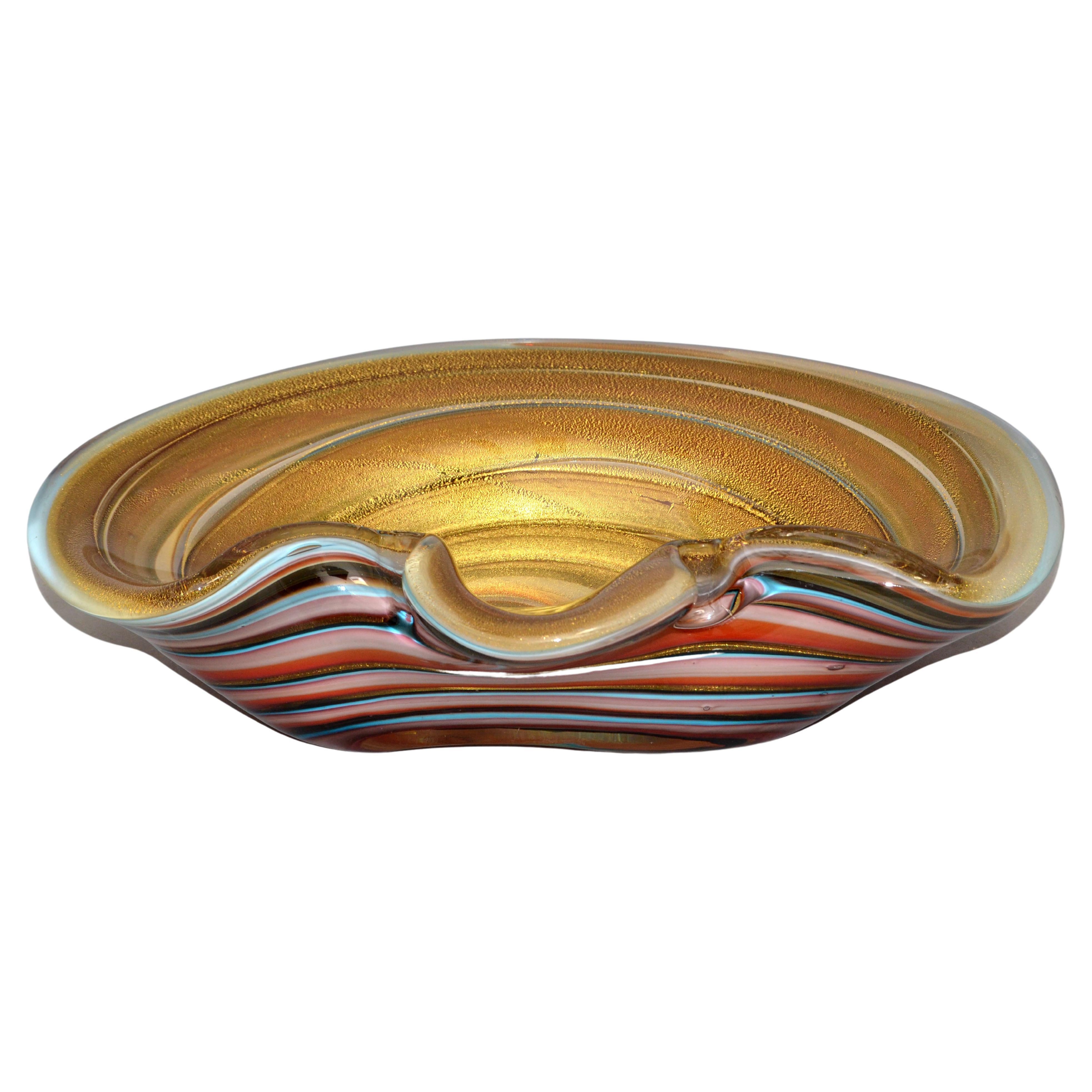 Large Finest Murano Glass Clam Shell Swirl Gold Dust Flecks Bowl, Catchall Italy For Sale