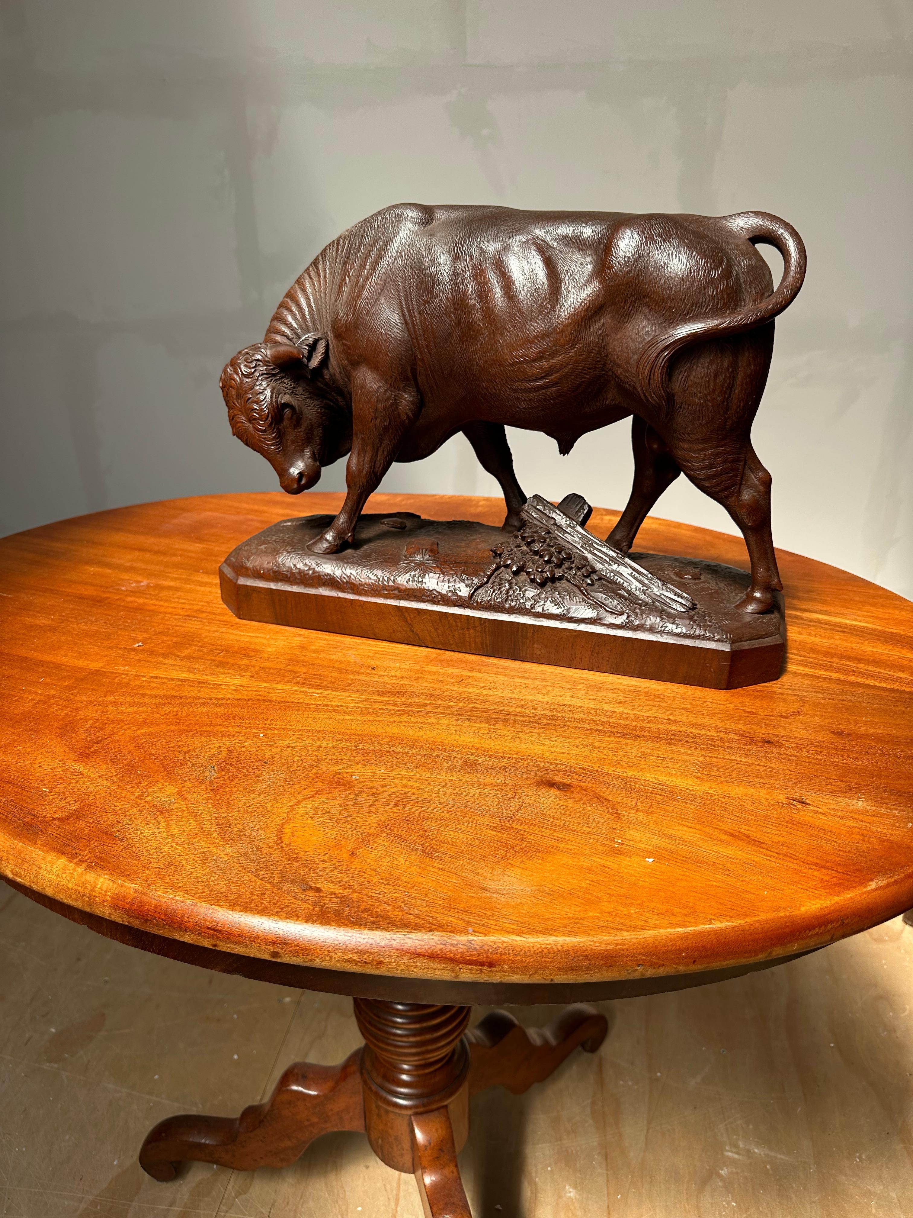Large & Finest Quality, Antique Carved Nutwood Swiss Black Forest Bull Sculpture For Sale 8