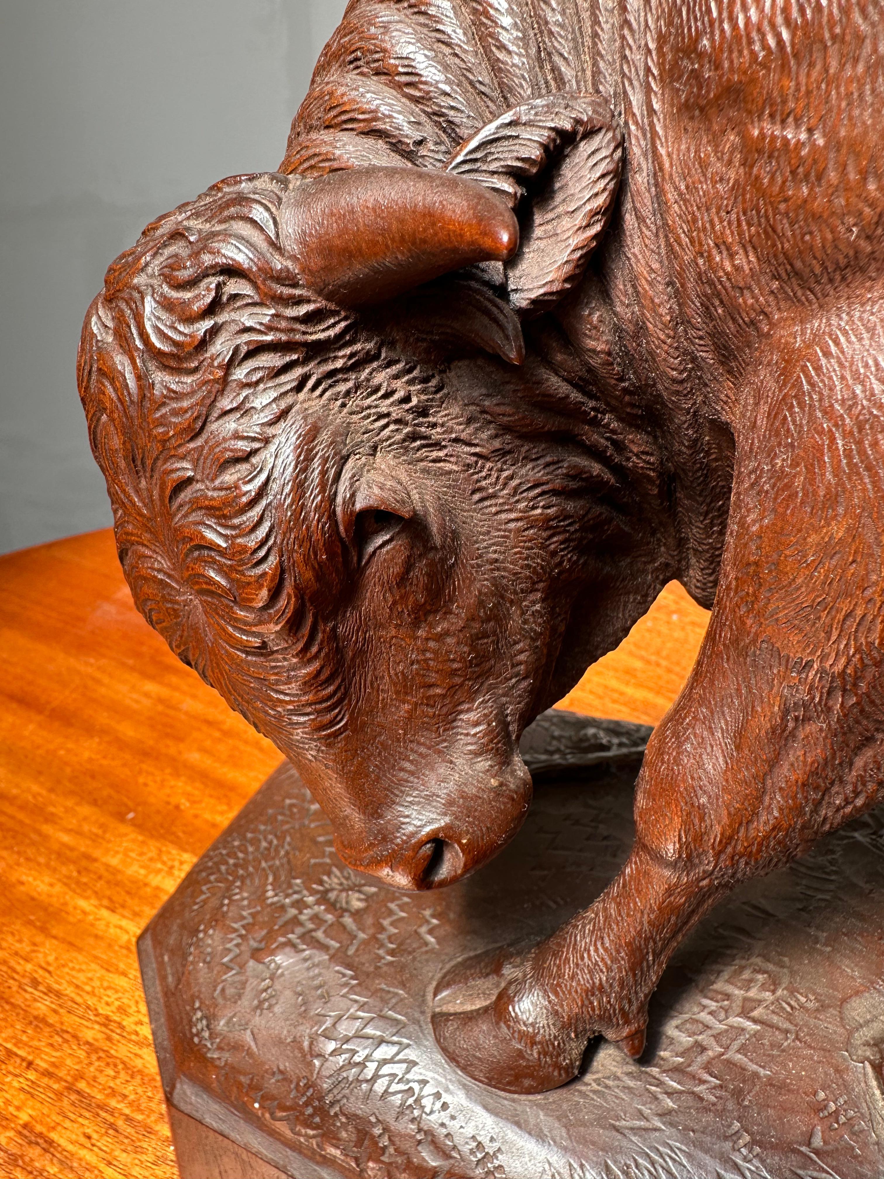 Large & Finest Quality, Antique Carved Nutwood Swiss Black Forest Bull Sculpture For Sale 9