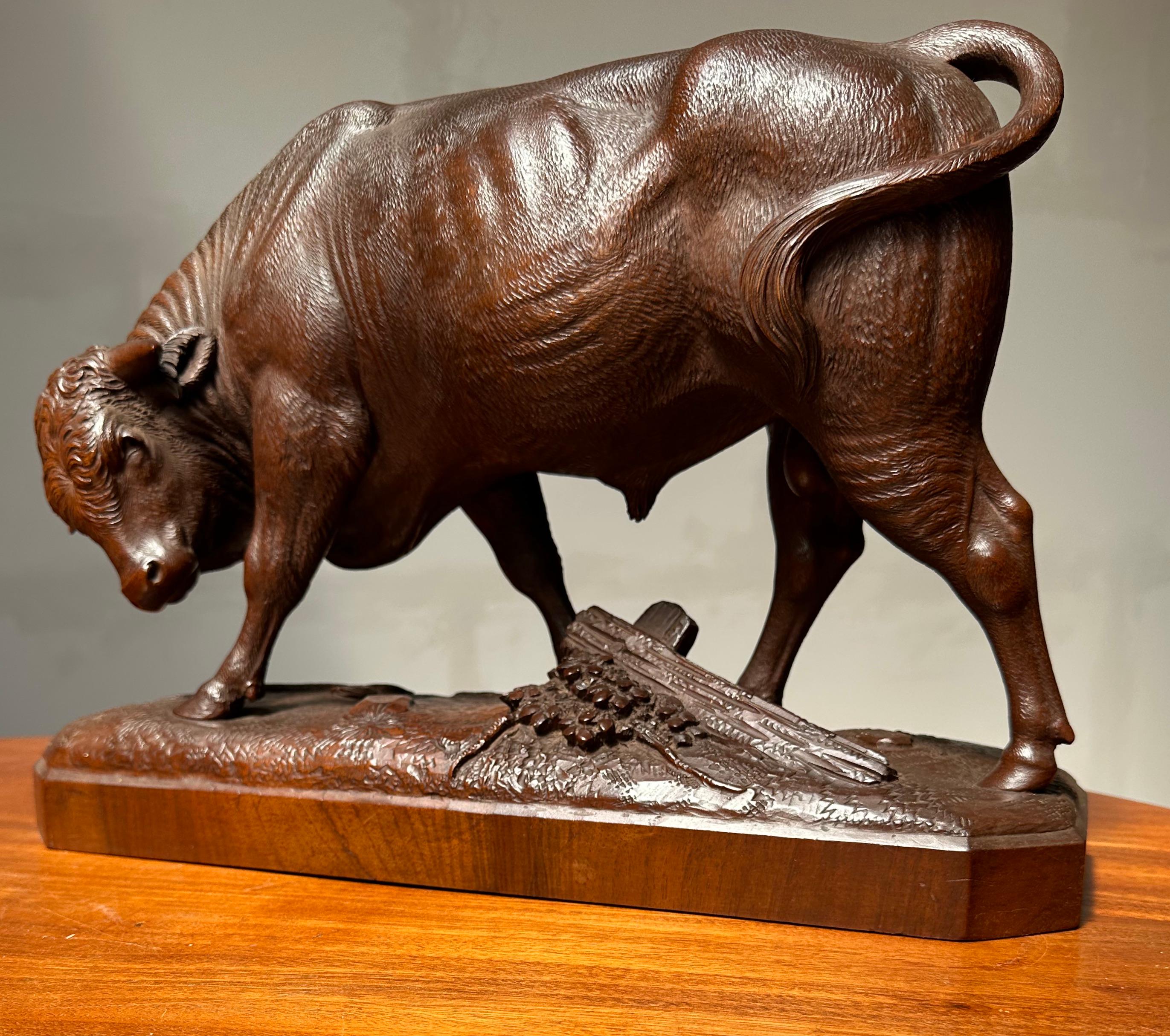Museumsqualität und -zustand, handgeschnitzte Viehskulptur.

Dieser wunderbare Stier ist für die Sammler der seltensten und hochwertigsten Schwarzwaldskulpturen. Unglaublich detailliert, handgeschnitzt und groß kann diese Stier-Skulptur nur aus der
