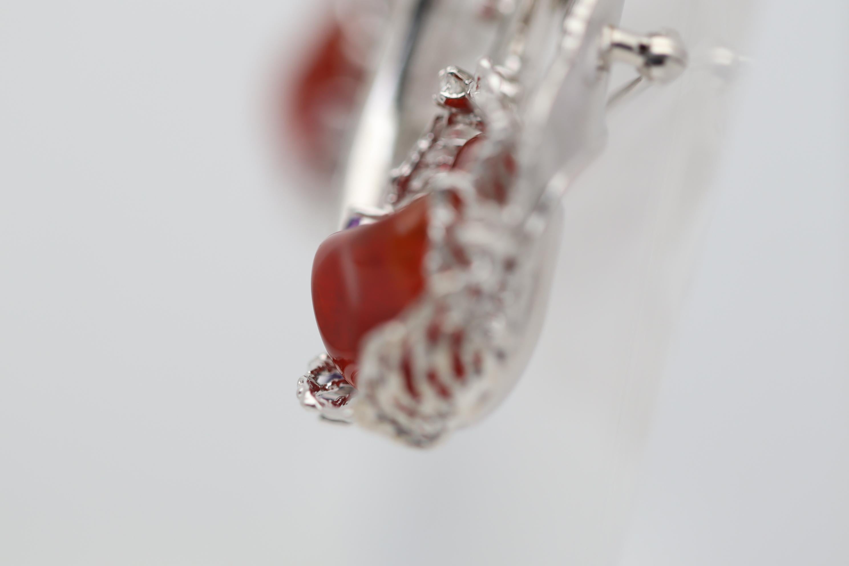 Uncut Large Fire Opal Diamond Gemstone Platinum Floral Brooch For Sale
