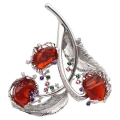 Large Fire Opal Diamond Gemstone Platinum Floral Brooch