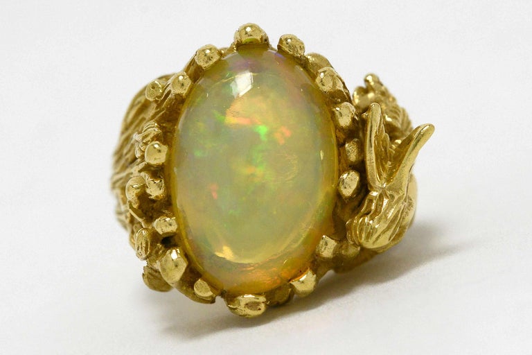 Large Fire Opal Fairy Dome Cocktail Ring Gold Wood Nymph Pixie Sprite