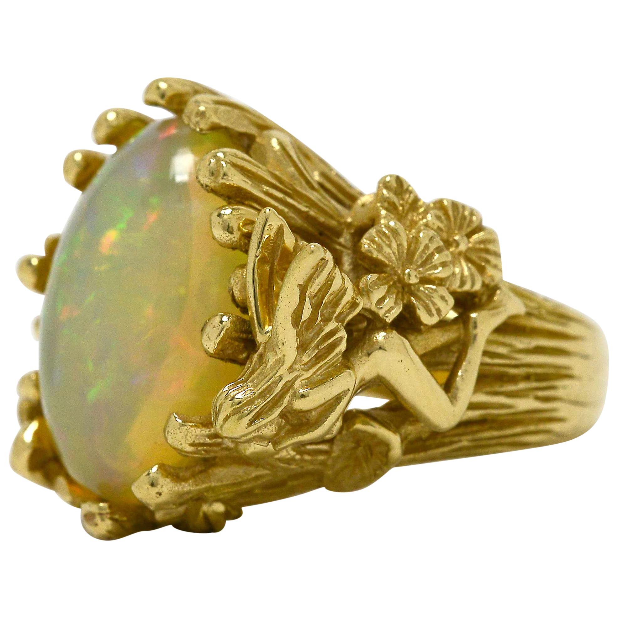Large Fire Opal Fairy Dome Cocktail Ring Gold Wood Nymph Pixie Sprite Jewelry