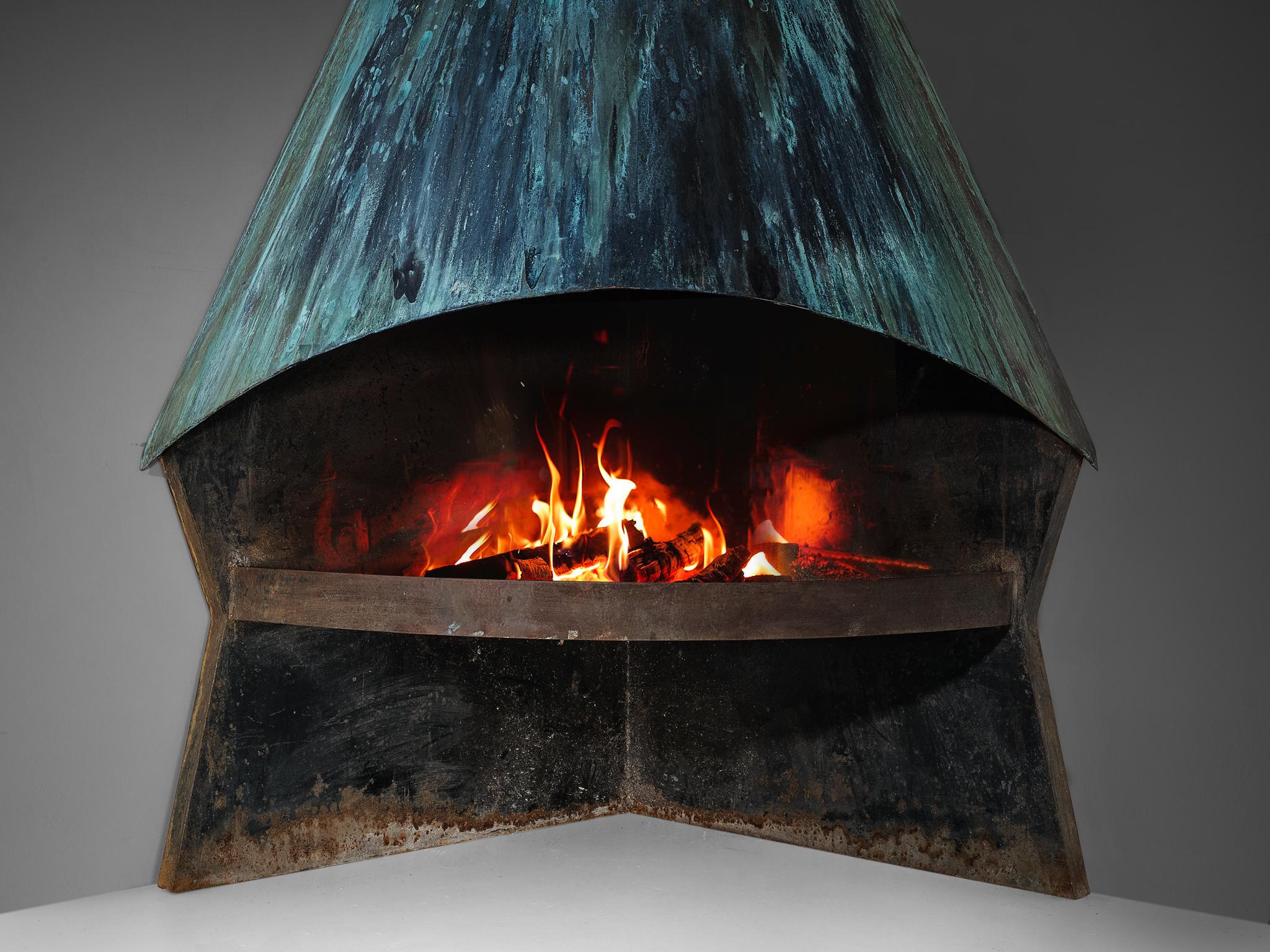 Belgian Large Fire Place in Patinated Sheet Steel 203 cm/80 inch Tall  For Sale
