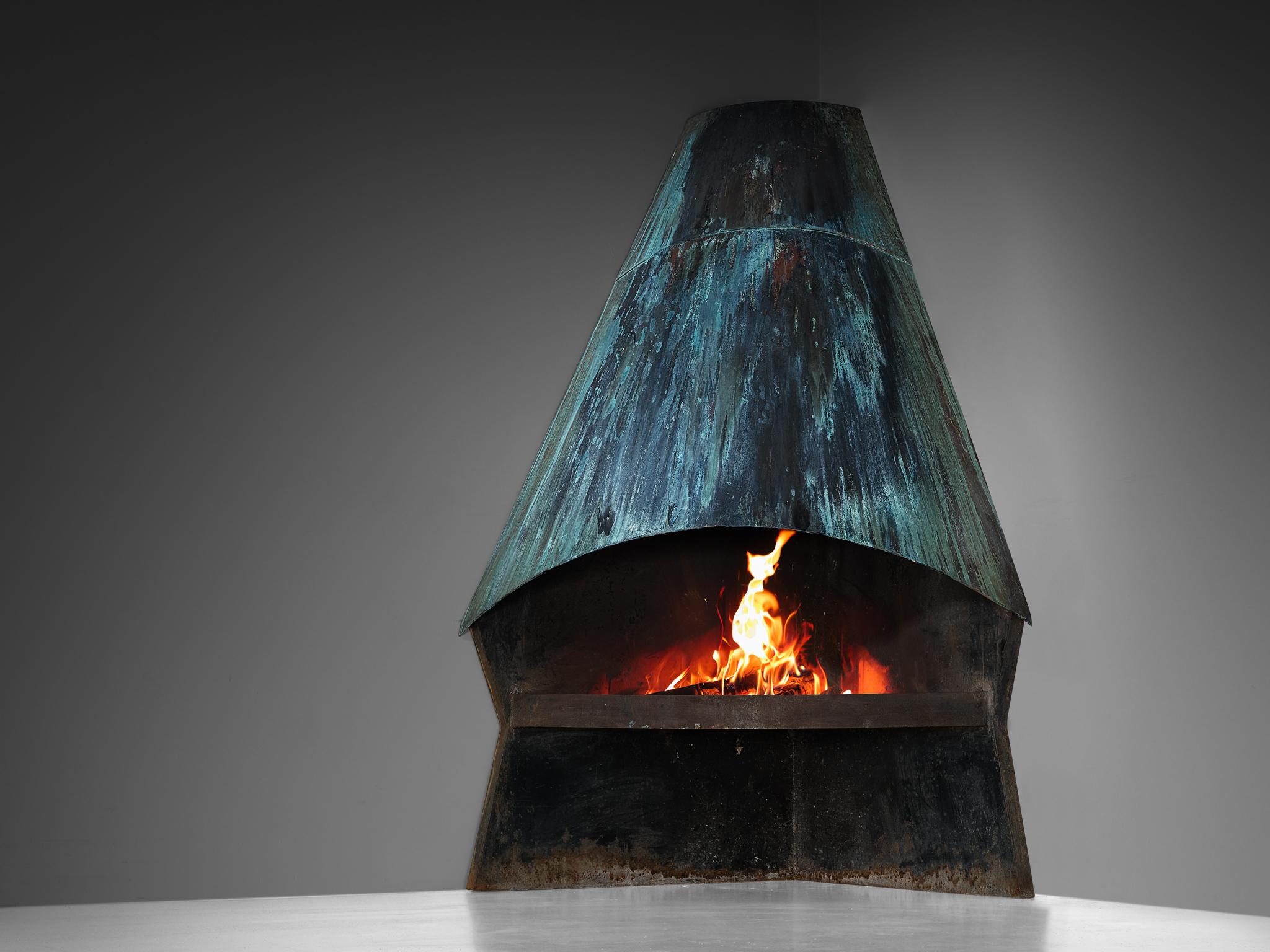 Large Fire Place in Patinated Sheet Steel 203 cm/80 inch Tall  For Sale 2