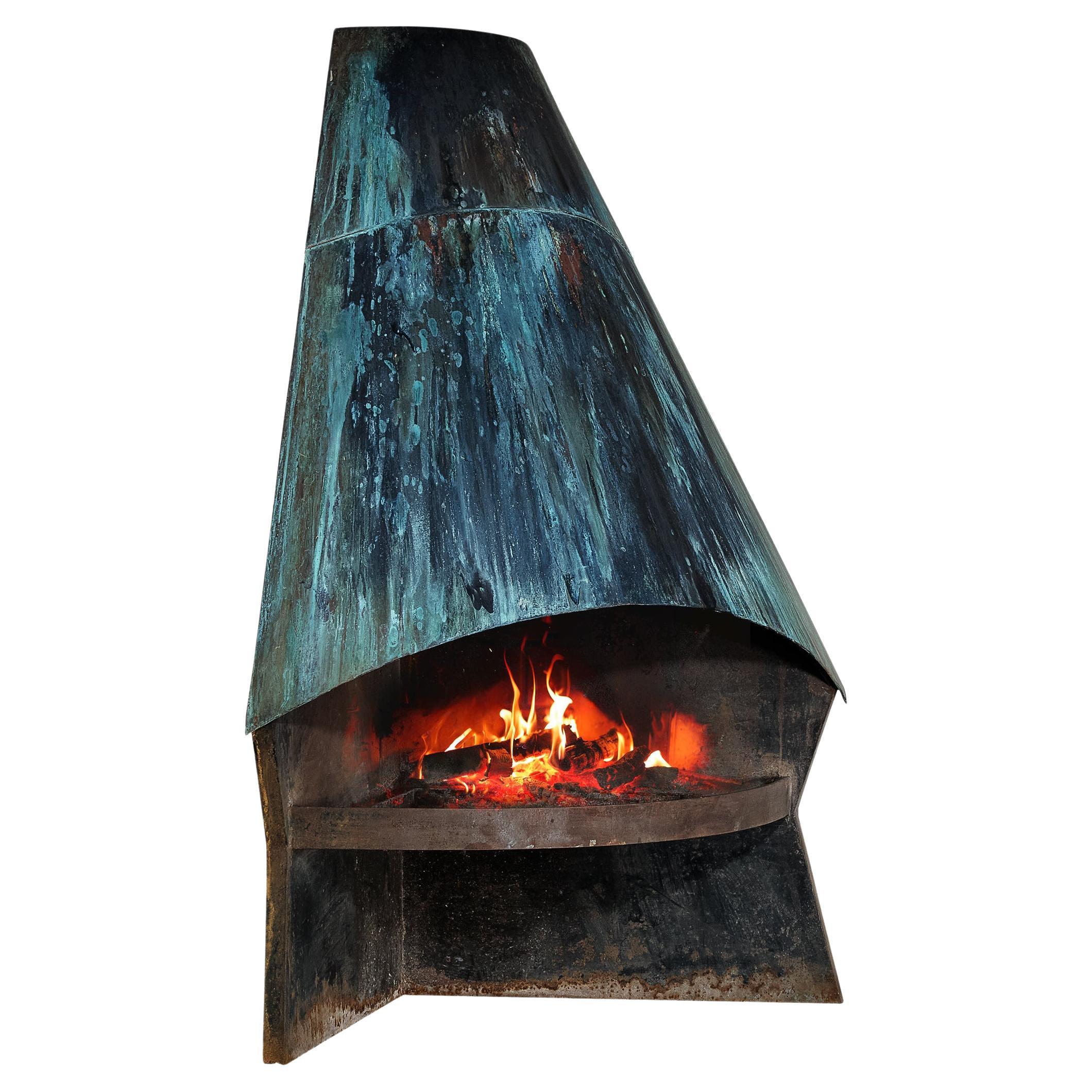 Large Fire Place in Patinated Sheet Steel 203 cm/80 inch Tall  For Sale