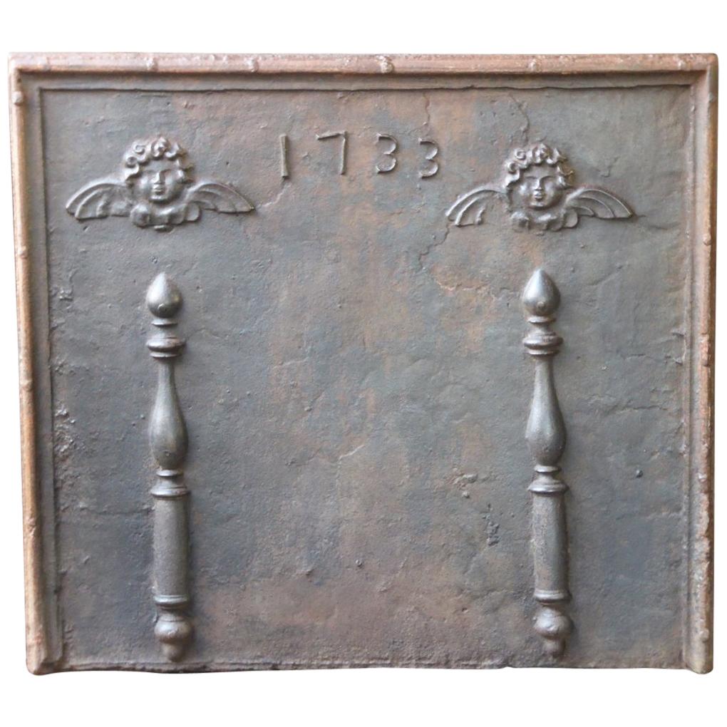 Large Fireback / Backsplash with Pillars of Hercules with Angels, Dated 1733 For Sale
