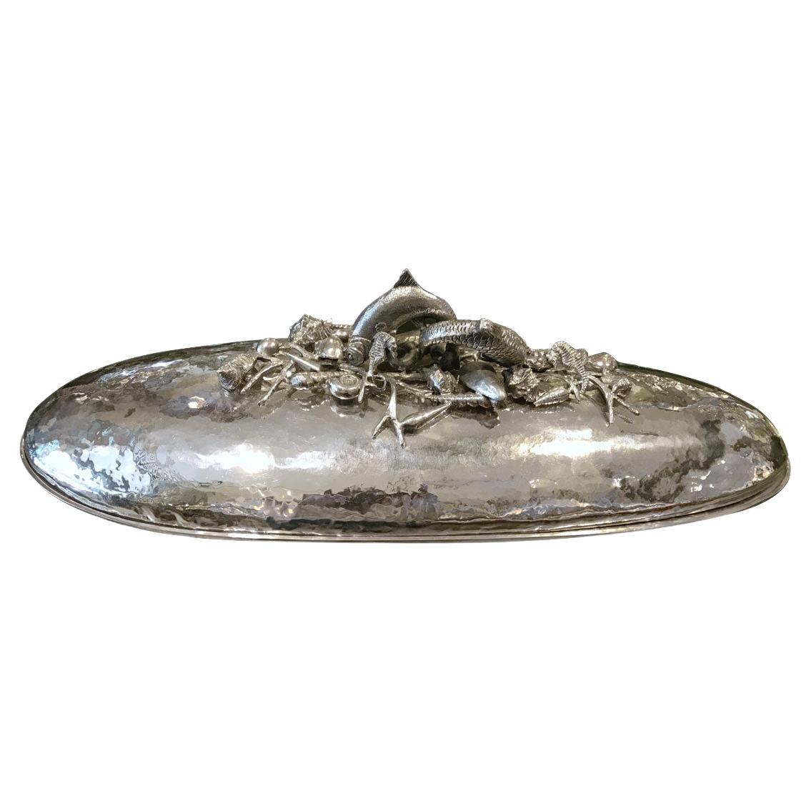 Large Fish Dish, Top Cover with Seafood and Fishes Attributed to Franco Lapini For Sale