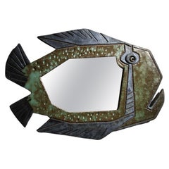 large Fish shaped mirror in glazed ceramic by French ceramist Curiosa signed