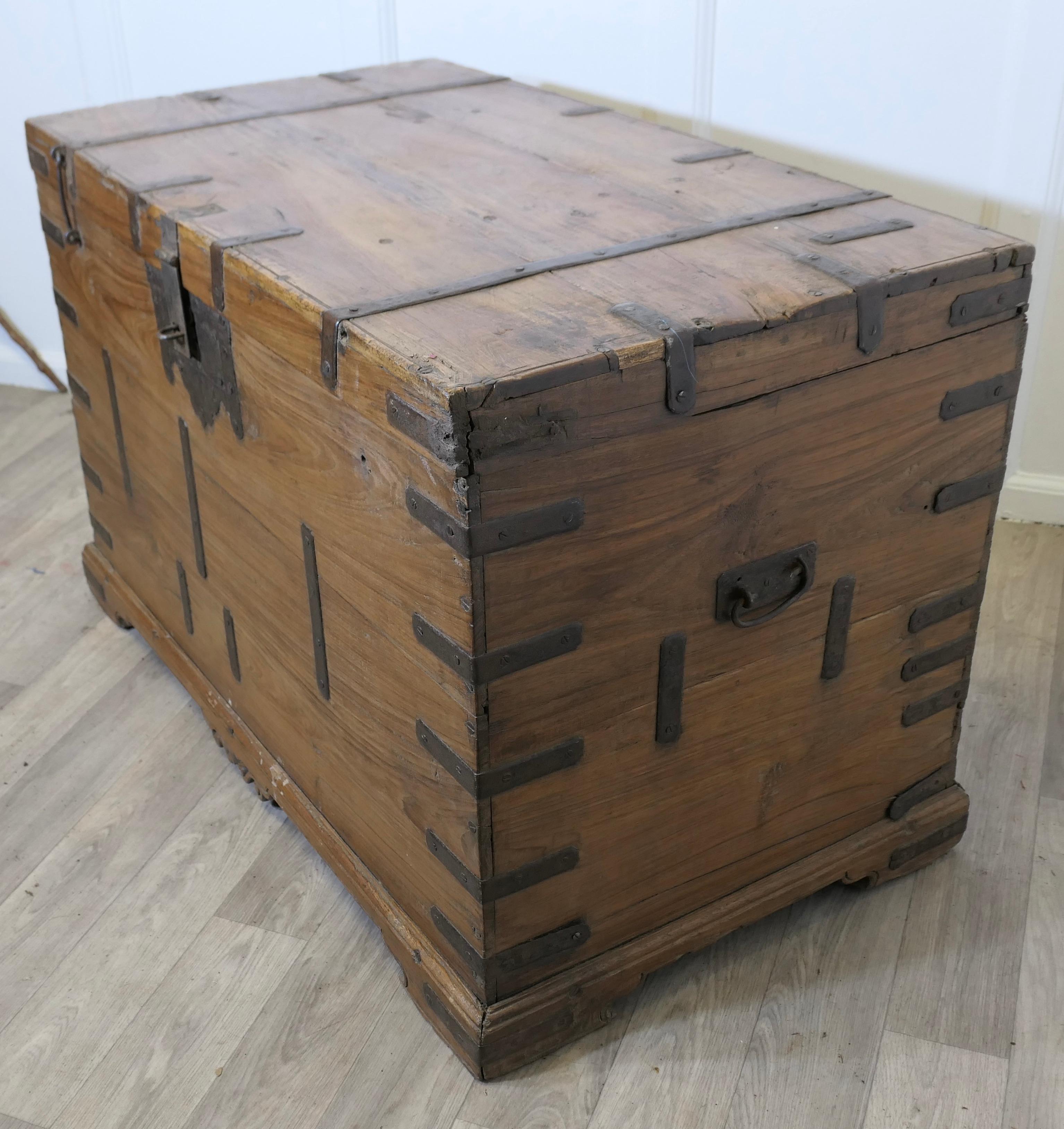 Teak Large Fitted Iron Banded Merchants Chest  This is a large heavy and very strong For Sale