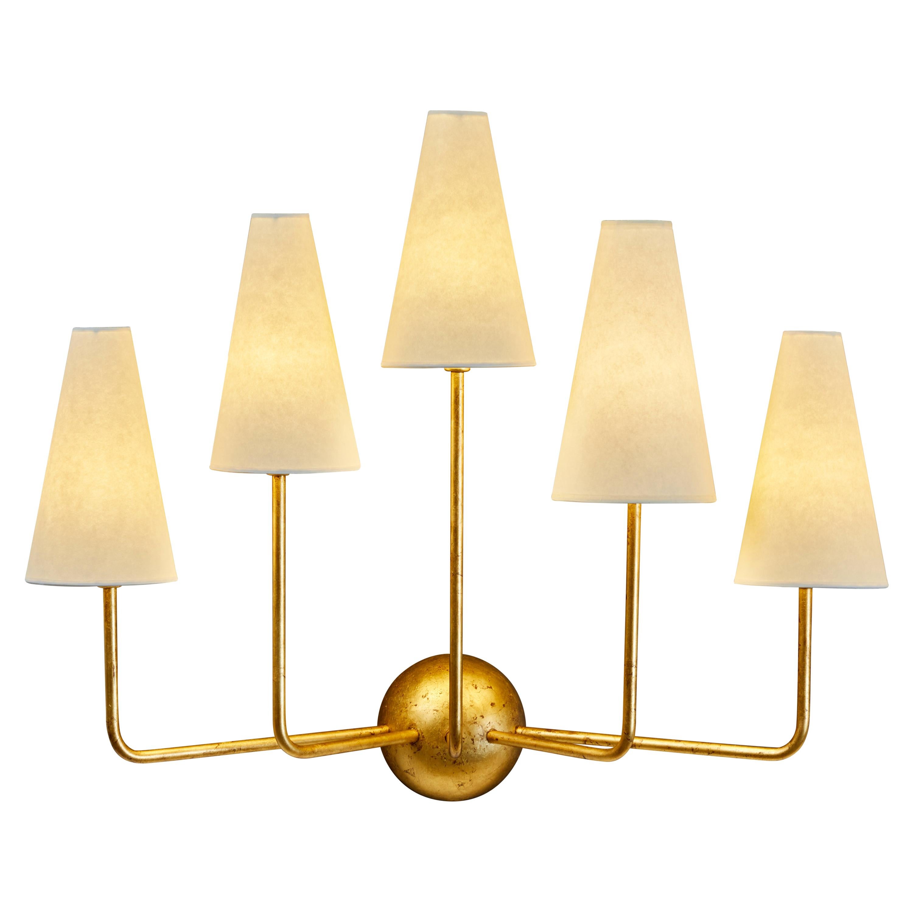 Large Five-Arm Gold Leaf Wall Lamp in the Style of Jean Royère