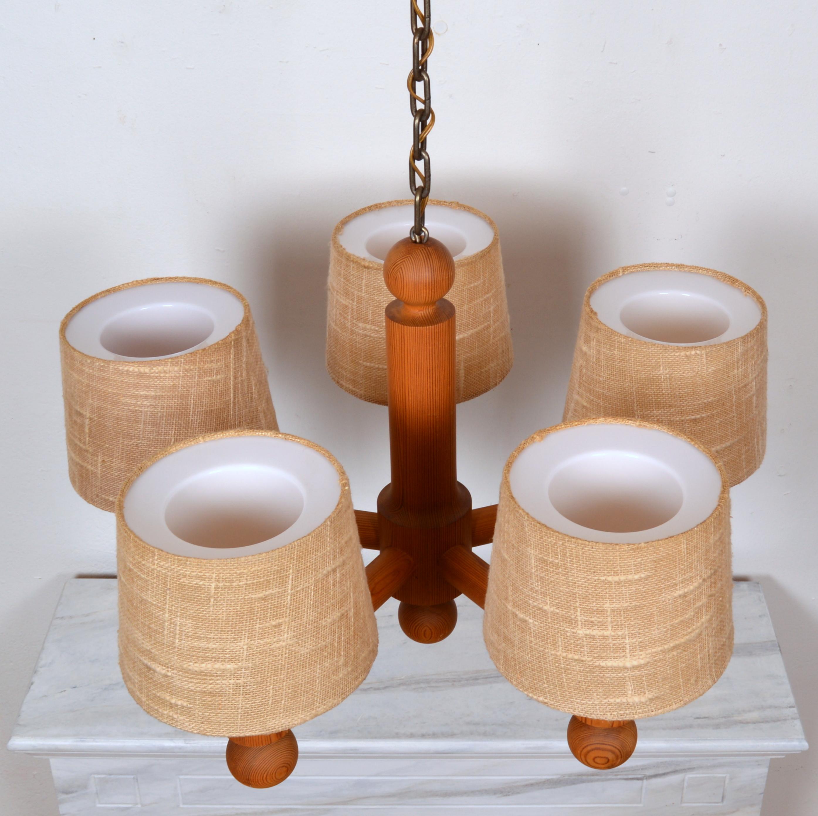 Swedish Large Five Arm Solid Pine Chandelier with Fabric Shades by Luxus Sweden, 1960s For Sale