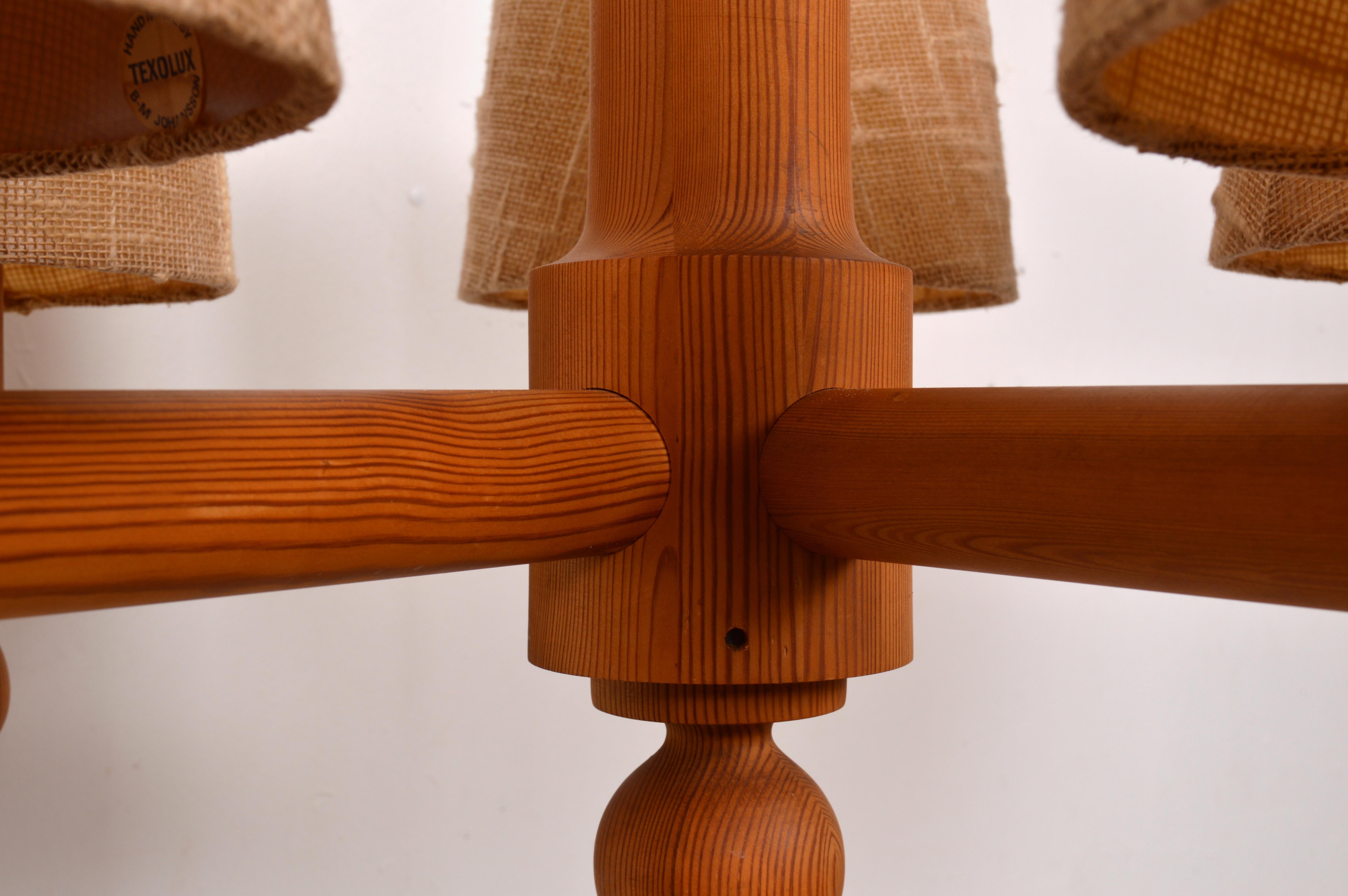 Mid-20th Century Large Five Arm Solid Pine Chandelier with Fabric Shades by Luxus Sweden, 1960s For Sale