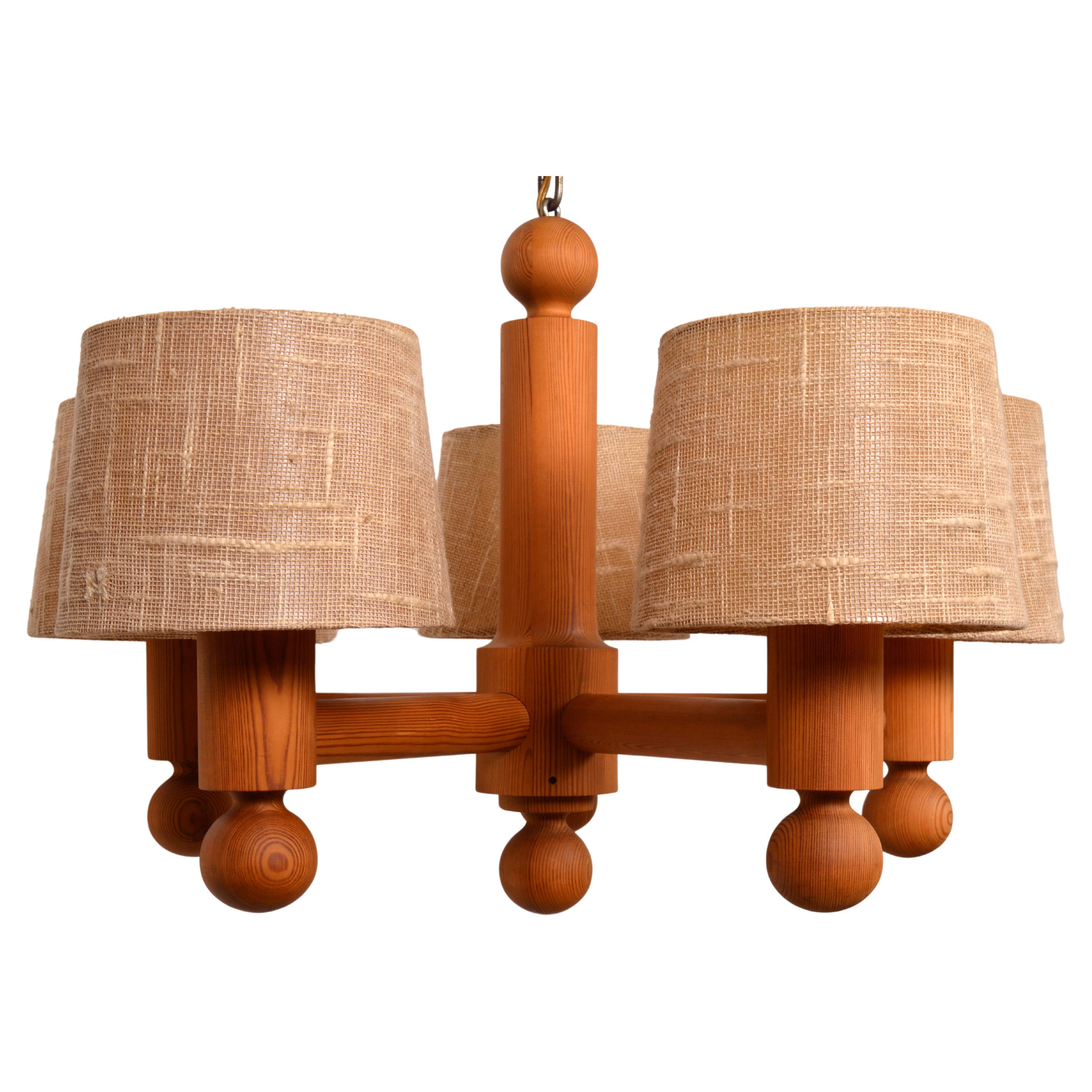 Large Five Arm Solid Pine Chandelier with Fabric Shades by Luxus Sweden, 1960s For Sale