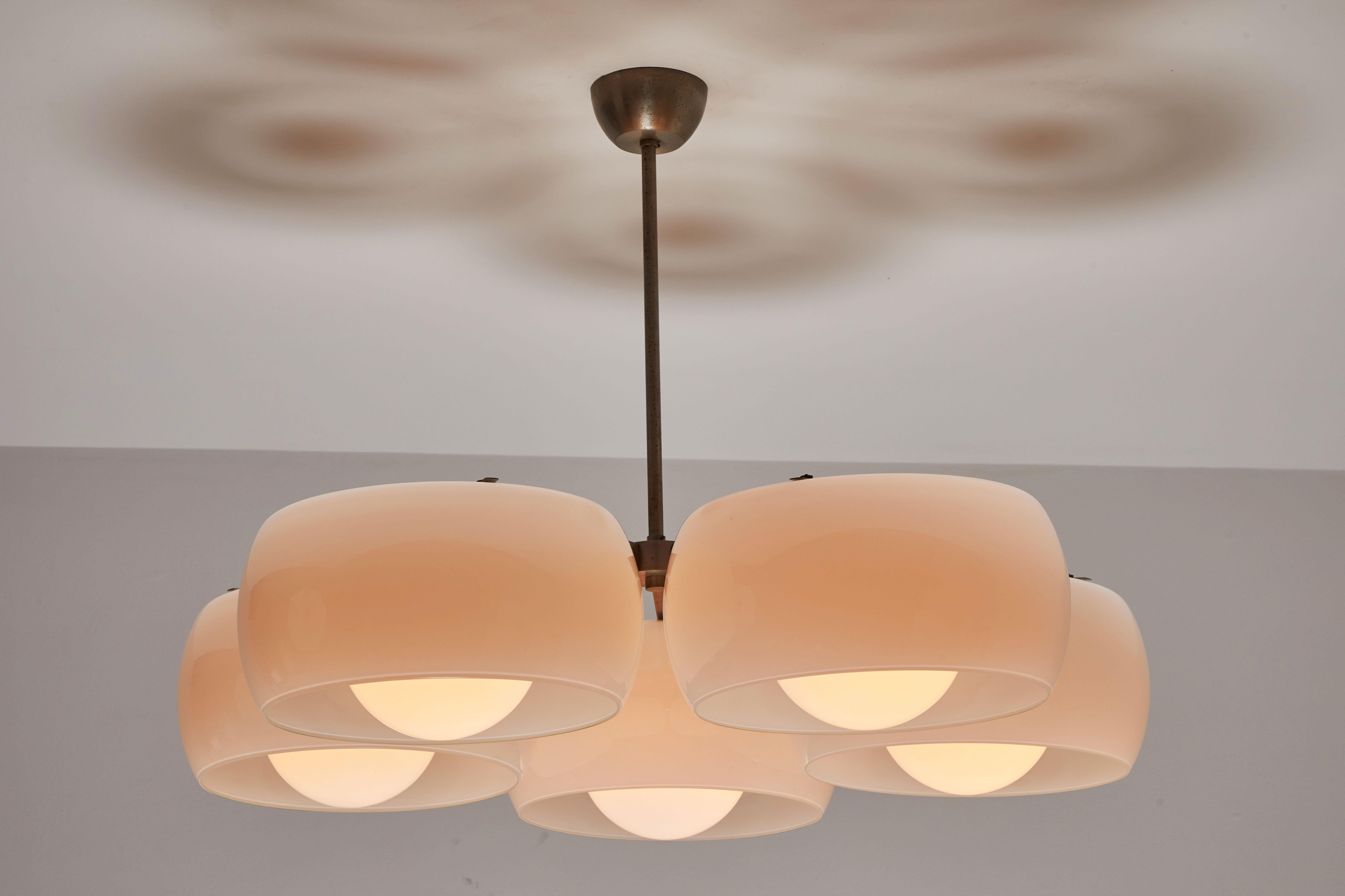 Large Five Globe Clinio Chandelier by Vico Magistretti for Artemide. Designed and manufactured in Italy circa 1960's. Brushed nickel plated brass hardware and canopy. Opaline glass diffusers. Rewired for US junction boxes. Each globe takes one E27
