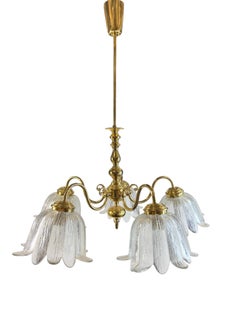 Large Five Light Brass Tole Chandelier Calyx Glass Shade Hollywood Regency Style