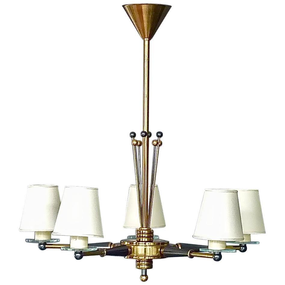 Large Five-Light Maison Jansen Sputnik Chandelier Brass Glass Blue Gunmetal 1955