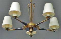 Large Five-Light Maison Jansen Sputnik Chandelier Brass Glass Blue Gunmetal 1955