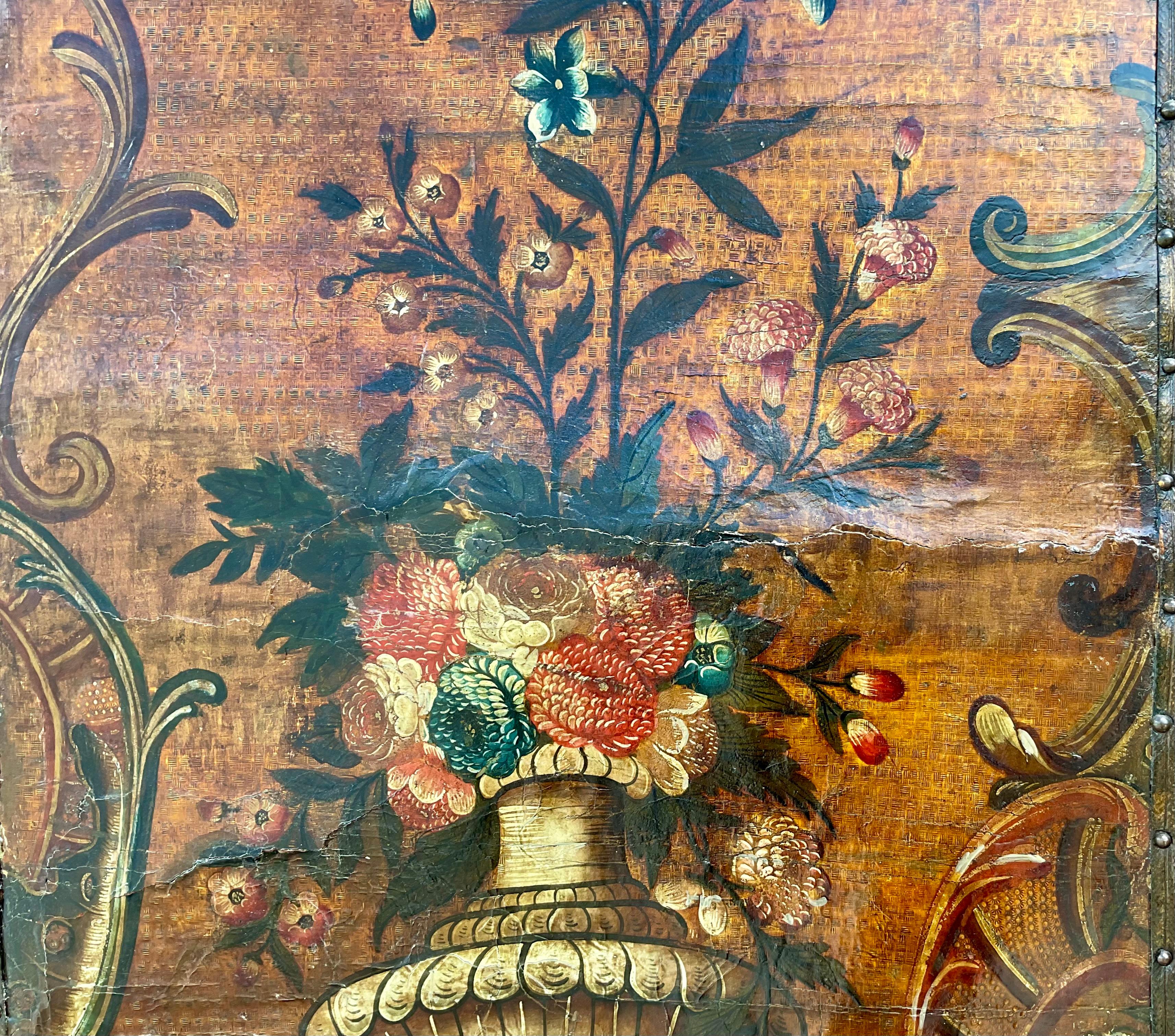 Pelle Paravento grande a cinque pannelli in pelle olandese Chinoiserie in vendita