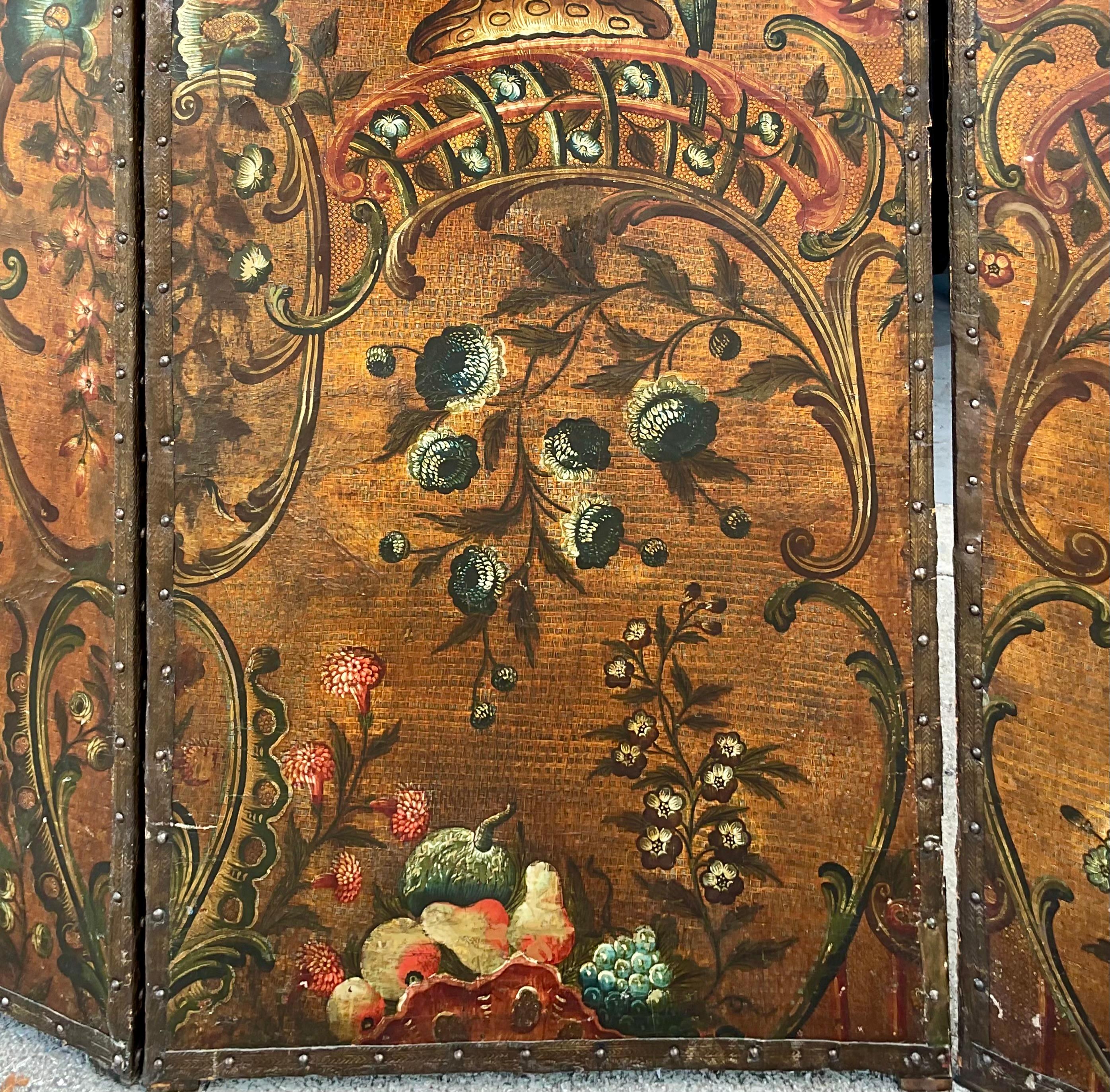 Paravento grande a cinque pannelli in pelle olandese Chinoiserie in vendita 1