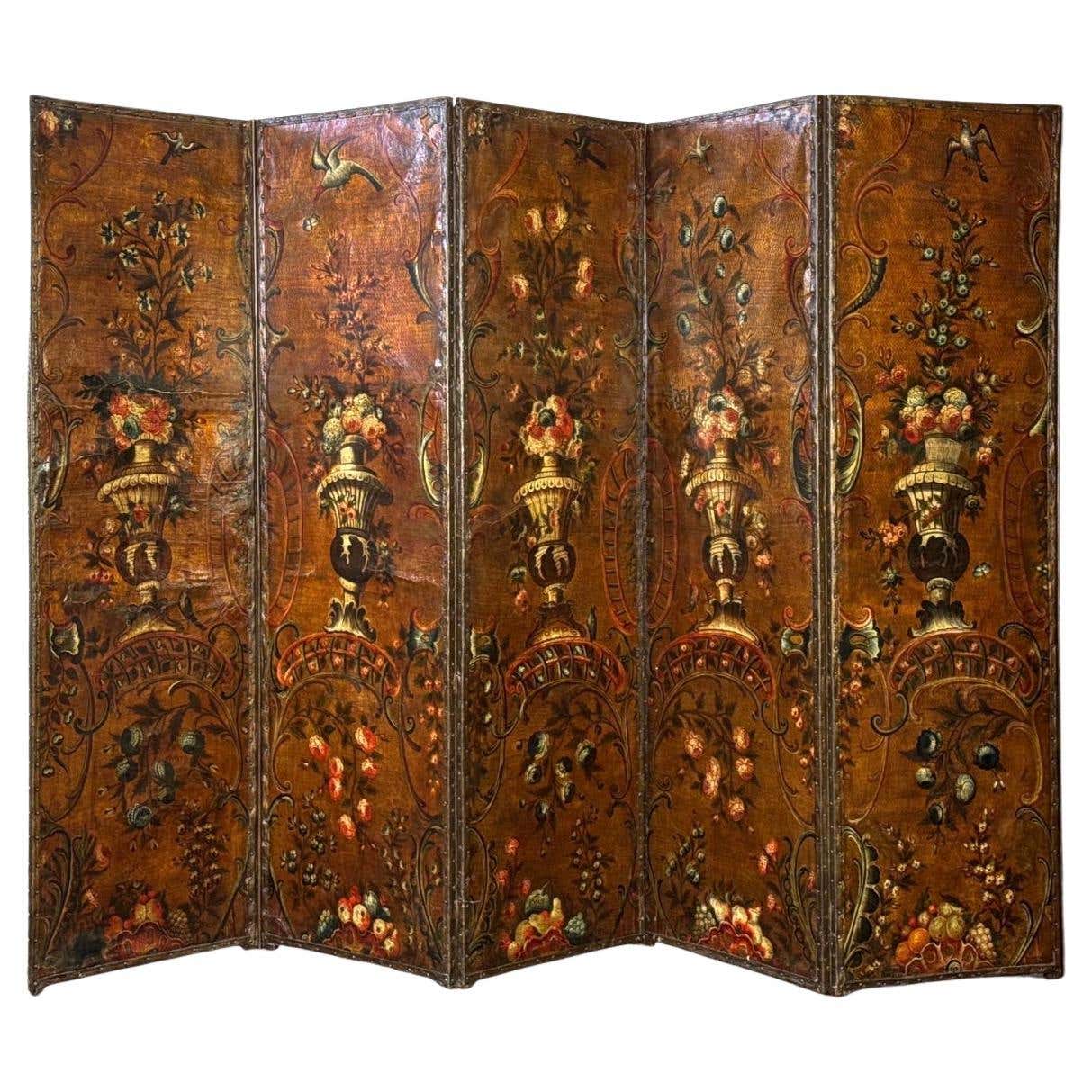 Large Five Panel Dutch Leather Chinoiserie Screen For Sale at 1stDibs